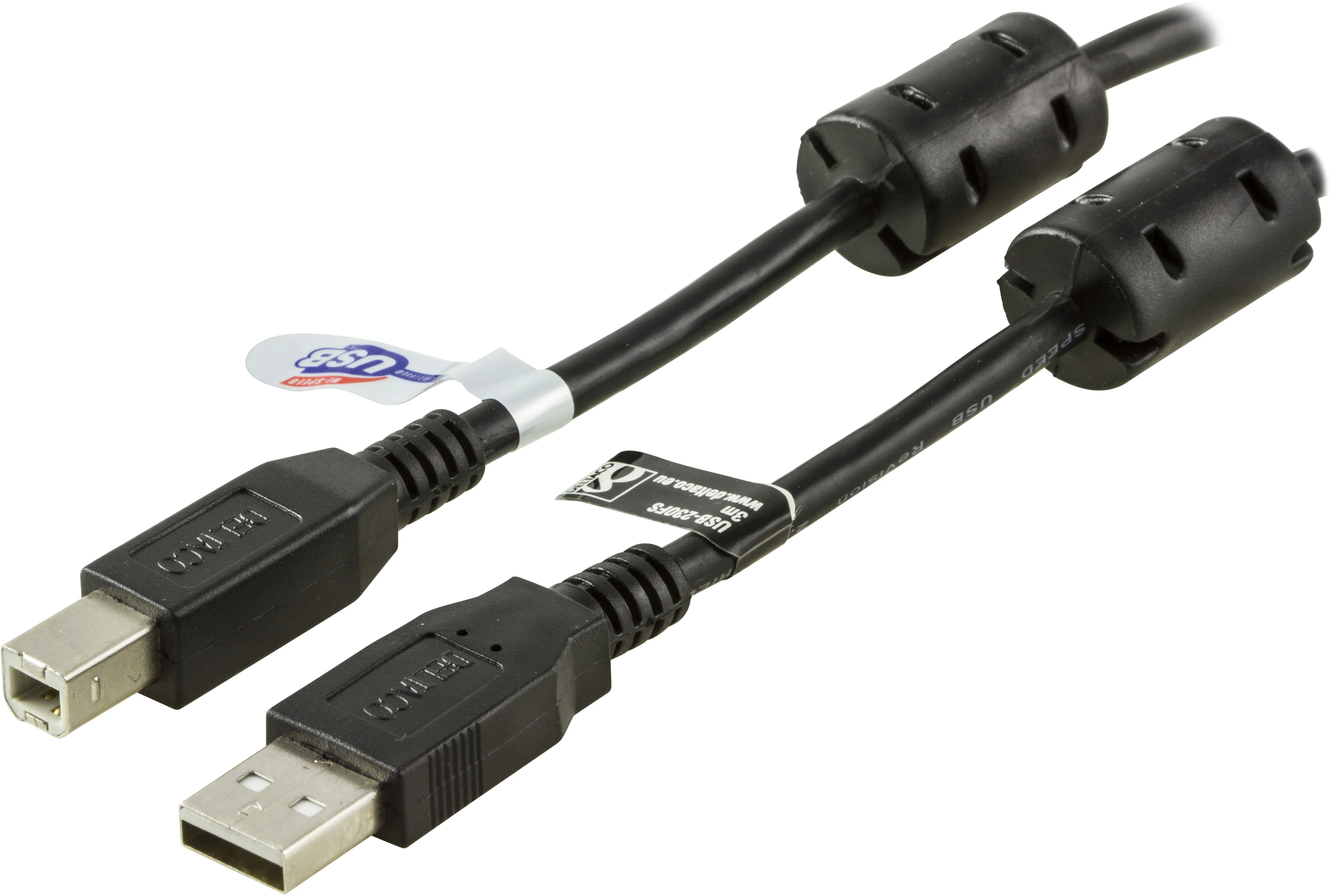 Deltaco USB-230FS USB 2.0 USB-A – USB-B -kaapeli, ferriittisydämet, 3 m, musta