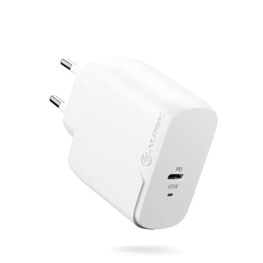 Alogic Rapid Power 65W GaN USB-C -laturi kaapelilla, Valkoinen 2m