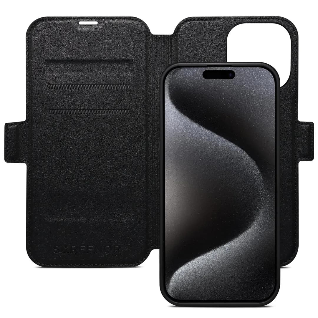 Screenor First 2-in-1 MagSafe -lompakkokotelo, iPhone 16 Pro Max, Musta