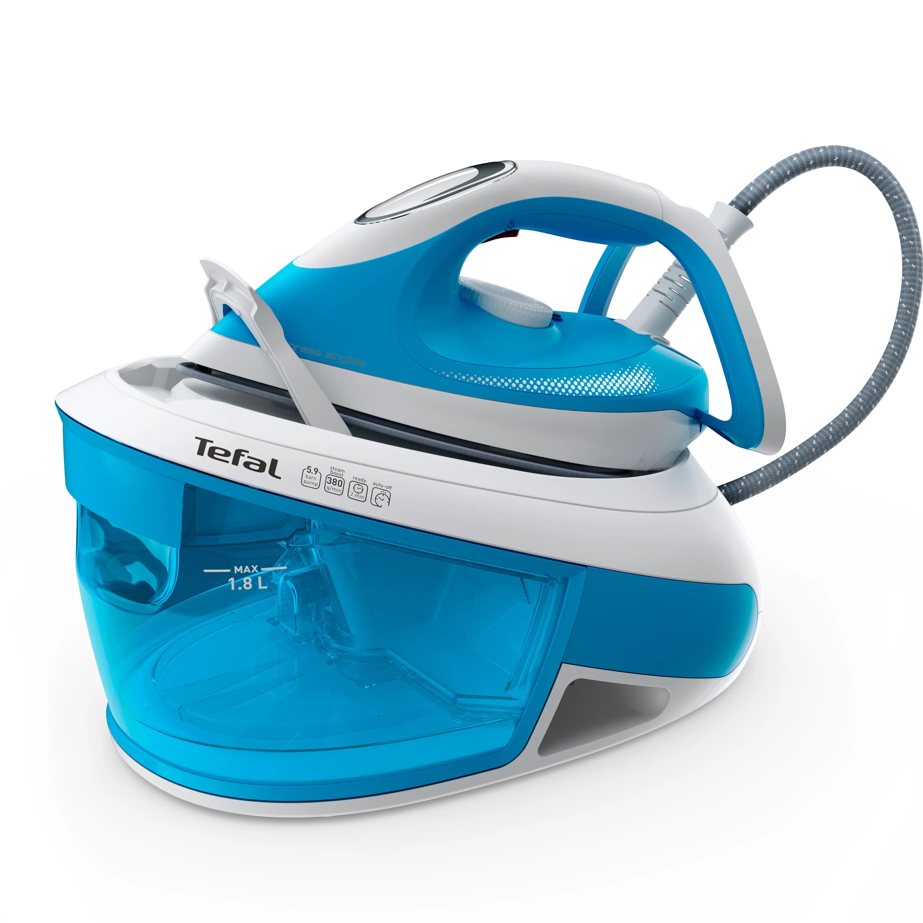 Tefal Express Airglide SV8002 -höyrysilityskeskus, 2600 W, 5,9 bar, 1,8 l, sininen/valkoinen