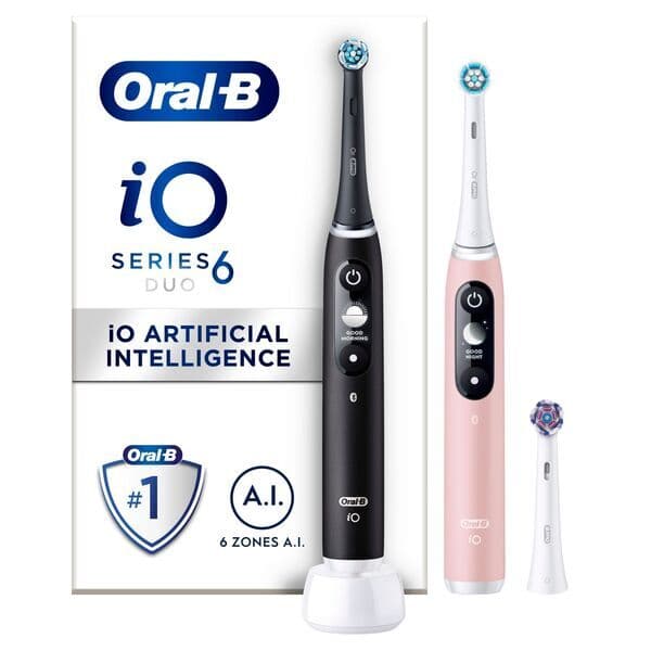 Oral-B iO6 Duo Pack -sähköhammasharja, 2 kahvaa, Black Lava & Pink Sand
