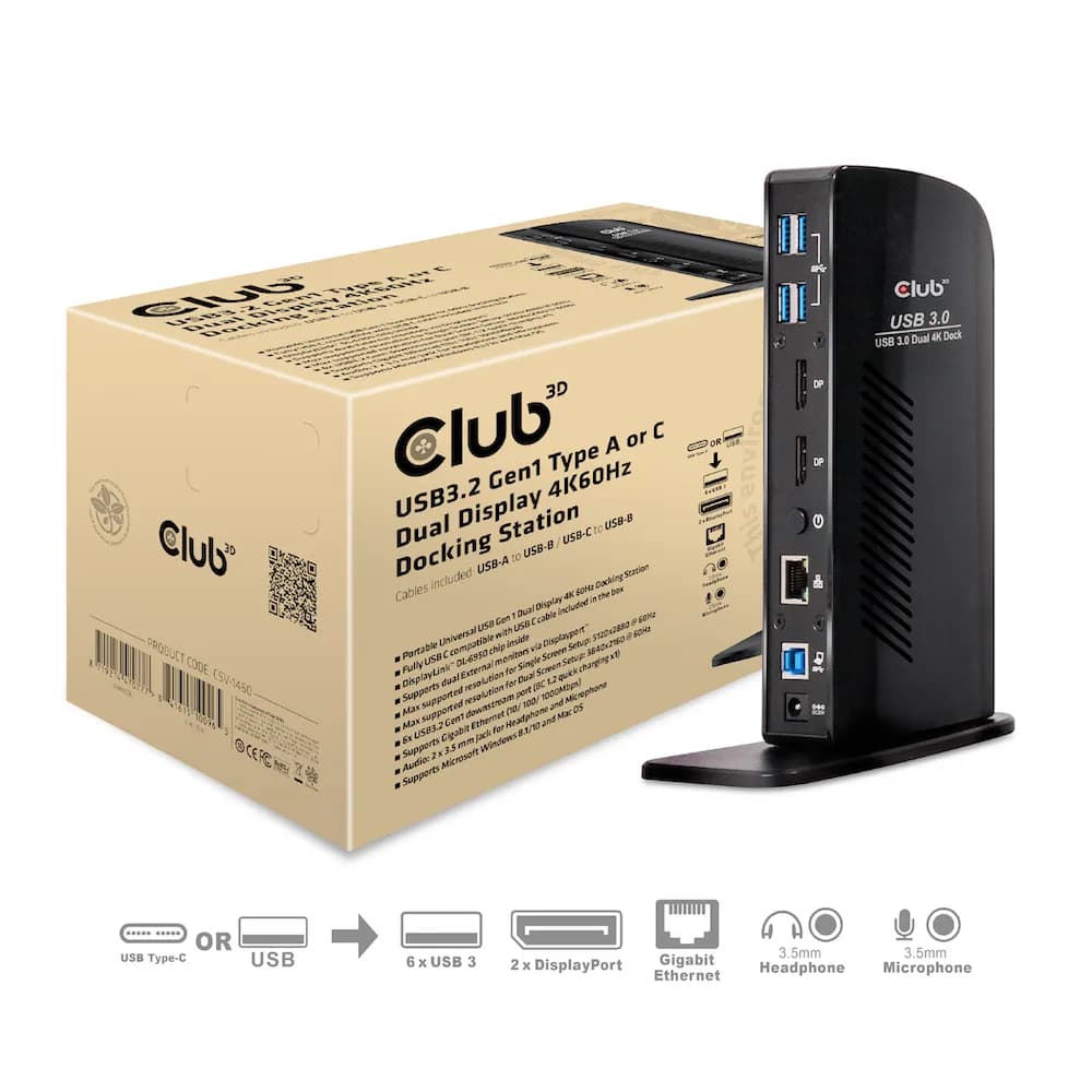 Club 3D SenseVision 3.2 Gen1 USB-A+C 11-in-1 -telakka, Musta