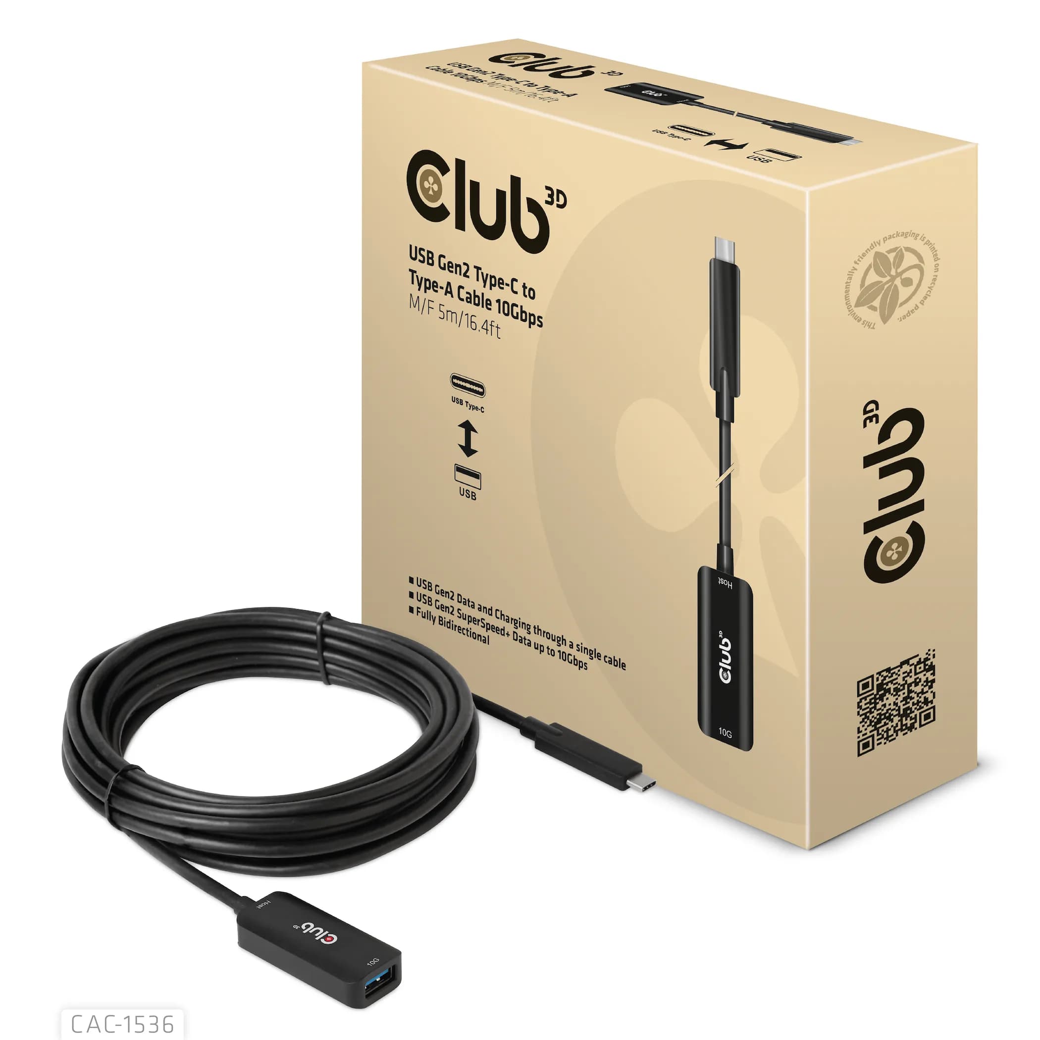 Club 3D CAC-1536 USB 3.2 Gen 2 USB-C – USB-A -jatkokaapeli, 5 m, musta