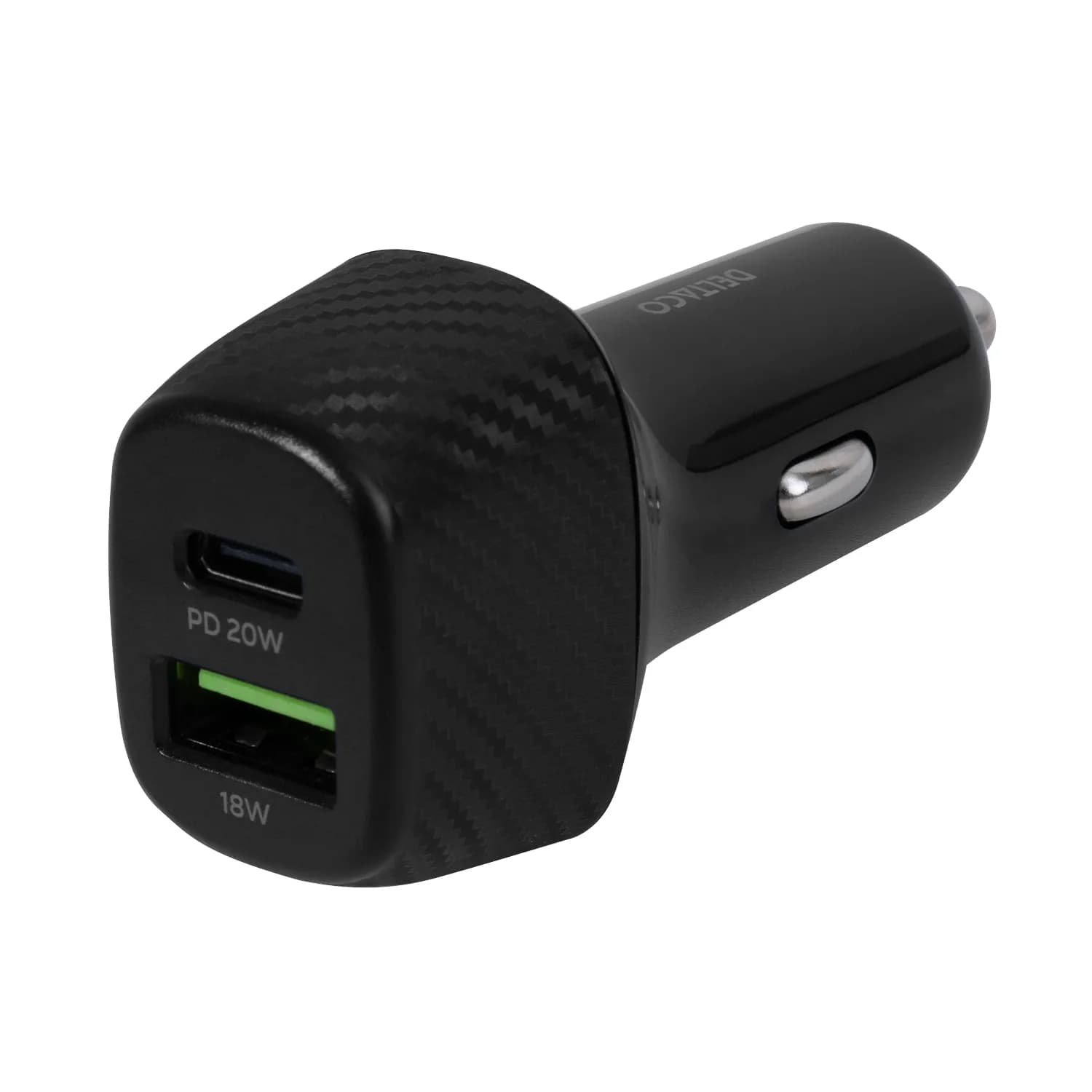 DELTACO USB car charger, 1x USB-C, PD 18 W, 1x USB-A, 18 W, total 36 W