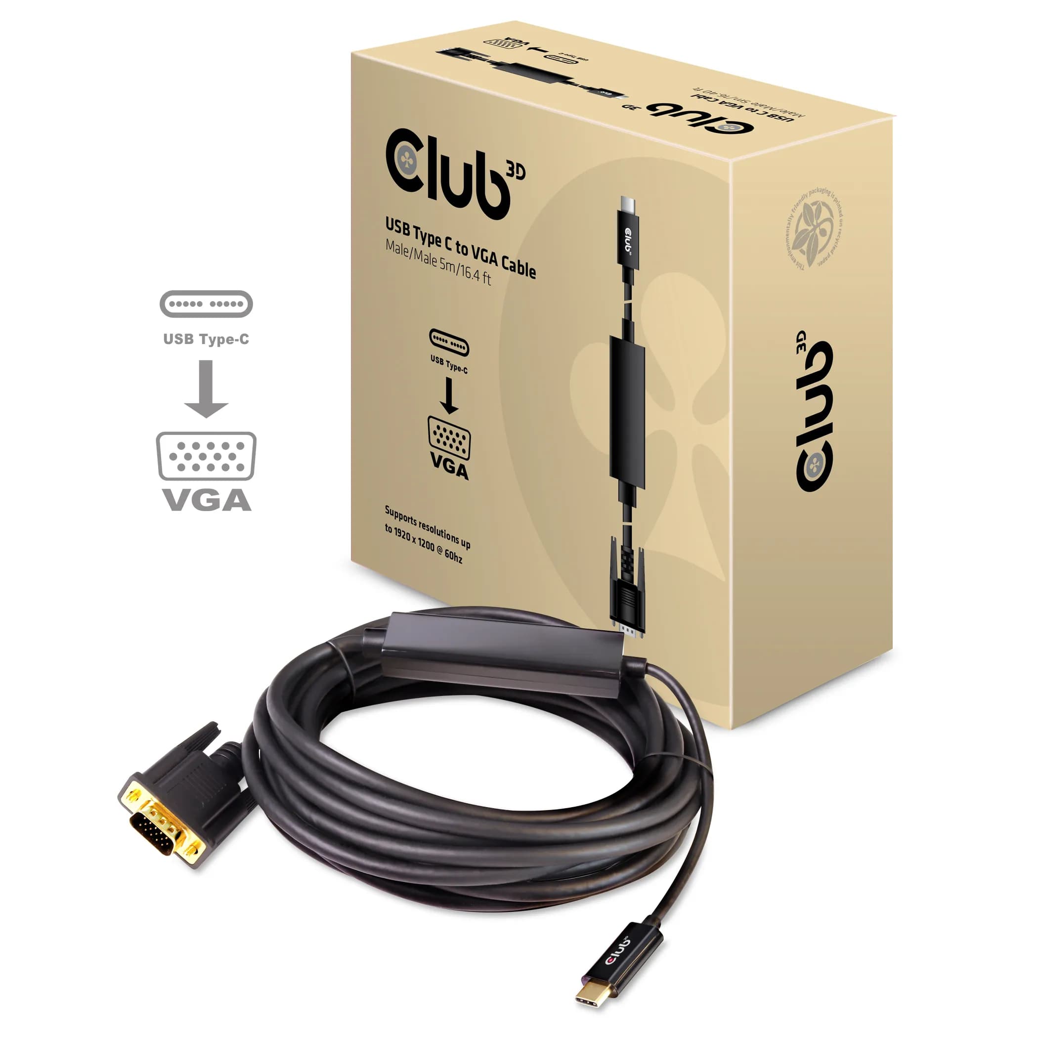 Club 3D CAC-1512 USB-C – VGA -kaapeli, 5 m, musta