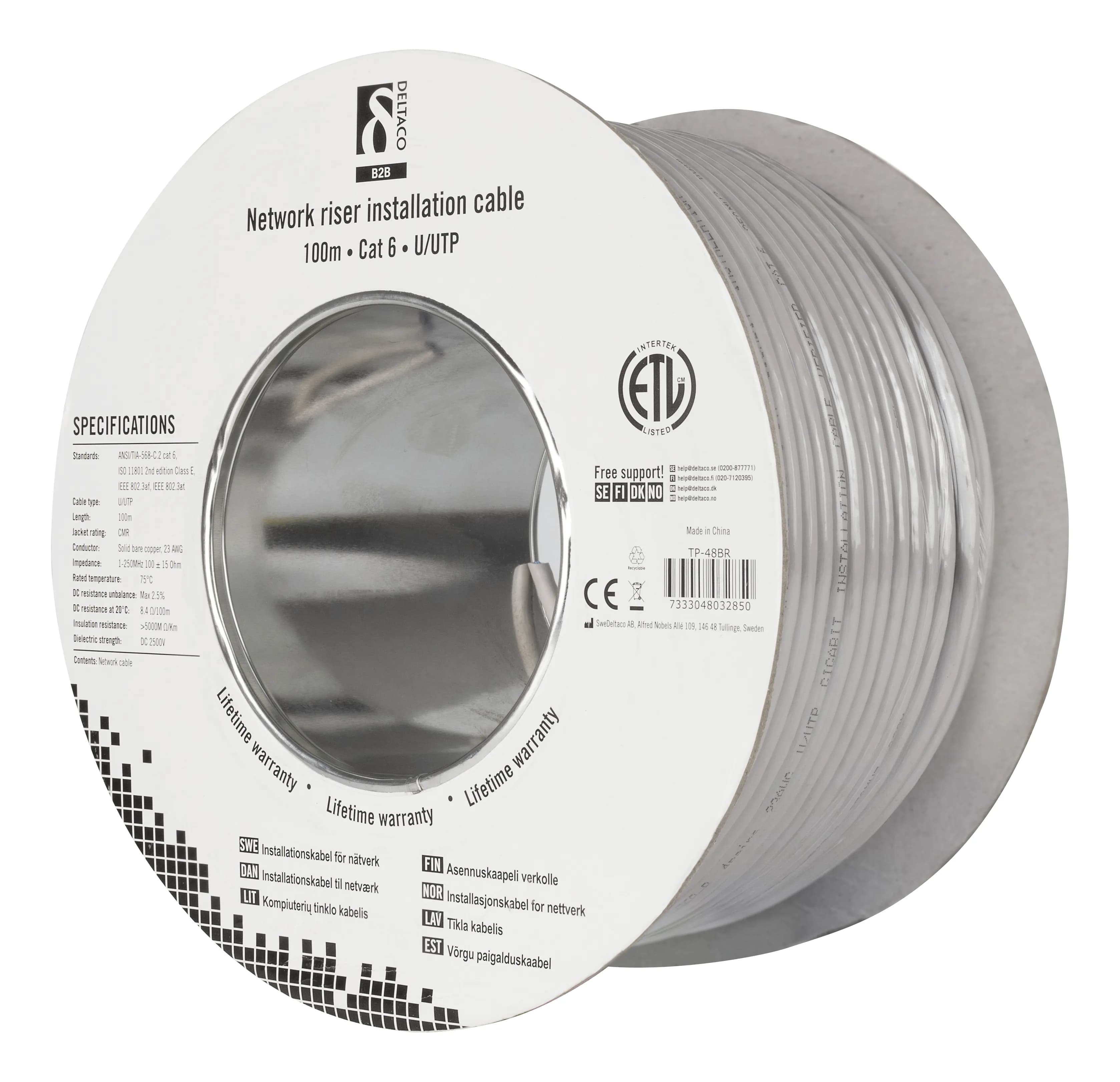 Deltaco Cat6 U/UTP 100m -verkkokaapeli, harmaa