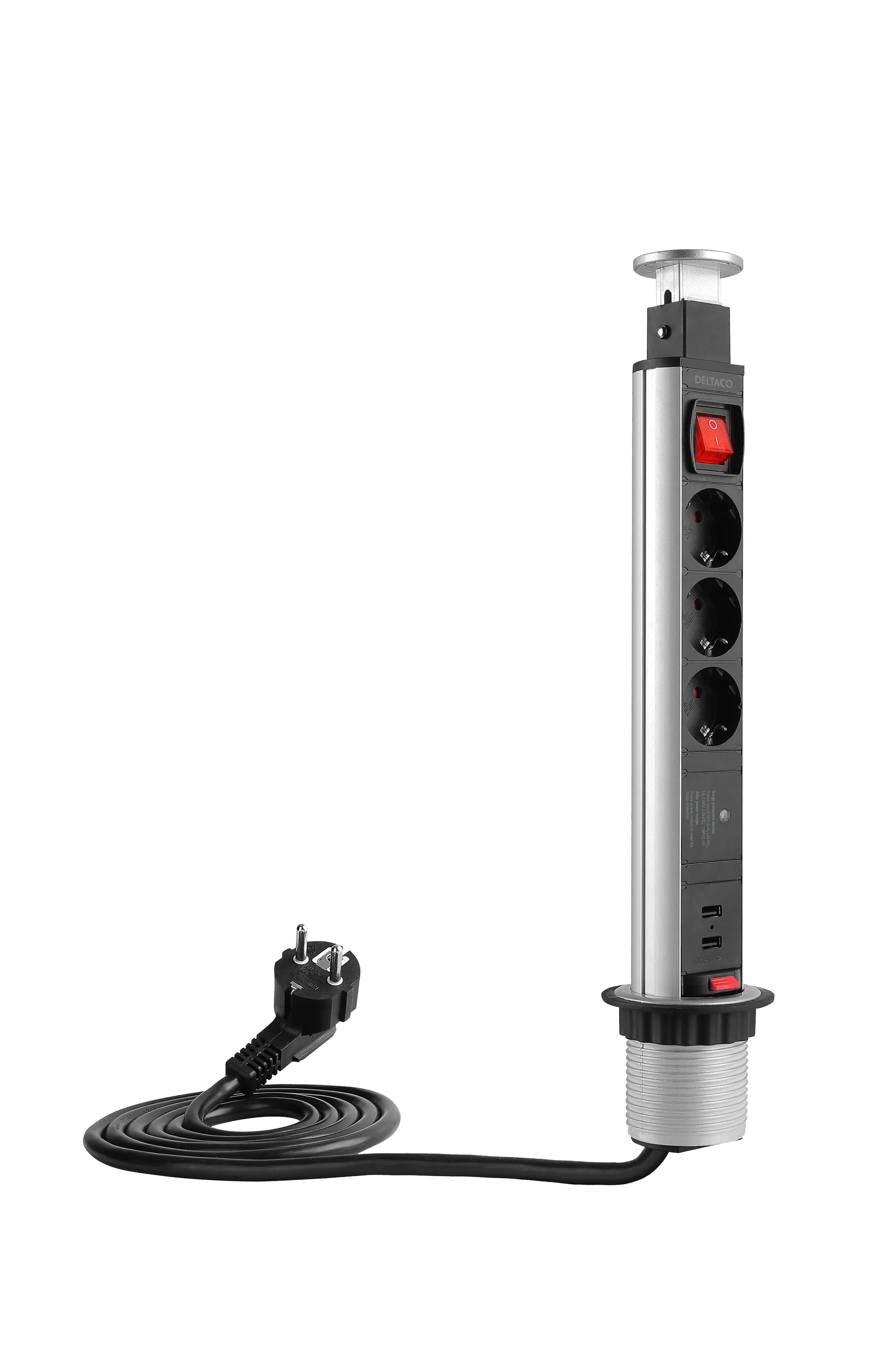 Deltaco Office pöytätason pop-up-virtapistorasia ylijännitesuojalla,  musta/hopea