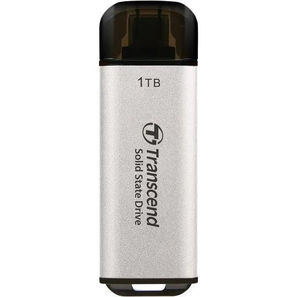 Transcend ESD300S 1 Tt USB 3.2 Gen 2 (USB-C) -ulkoinen SSD, kannettava, laitteistosalaus, salasanasuojaus, hopea