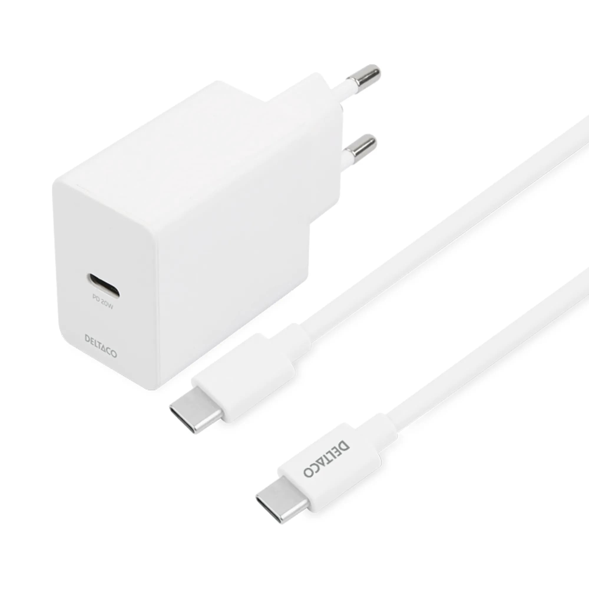 Deltaco PD 20W USB-C -laturi kaapelilla, Valkoinen, 1m