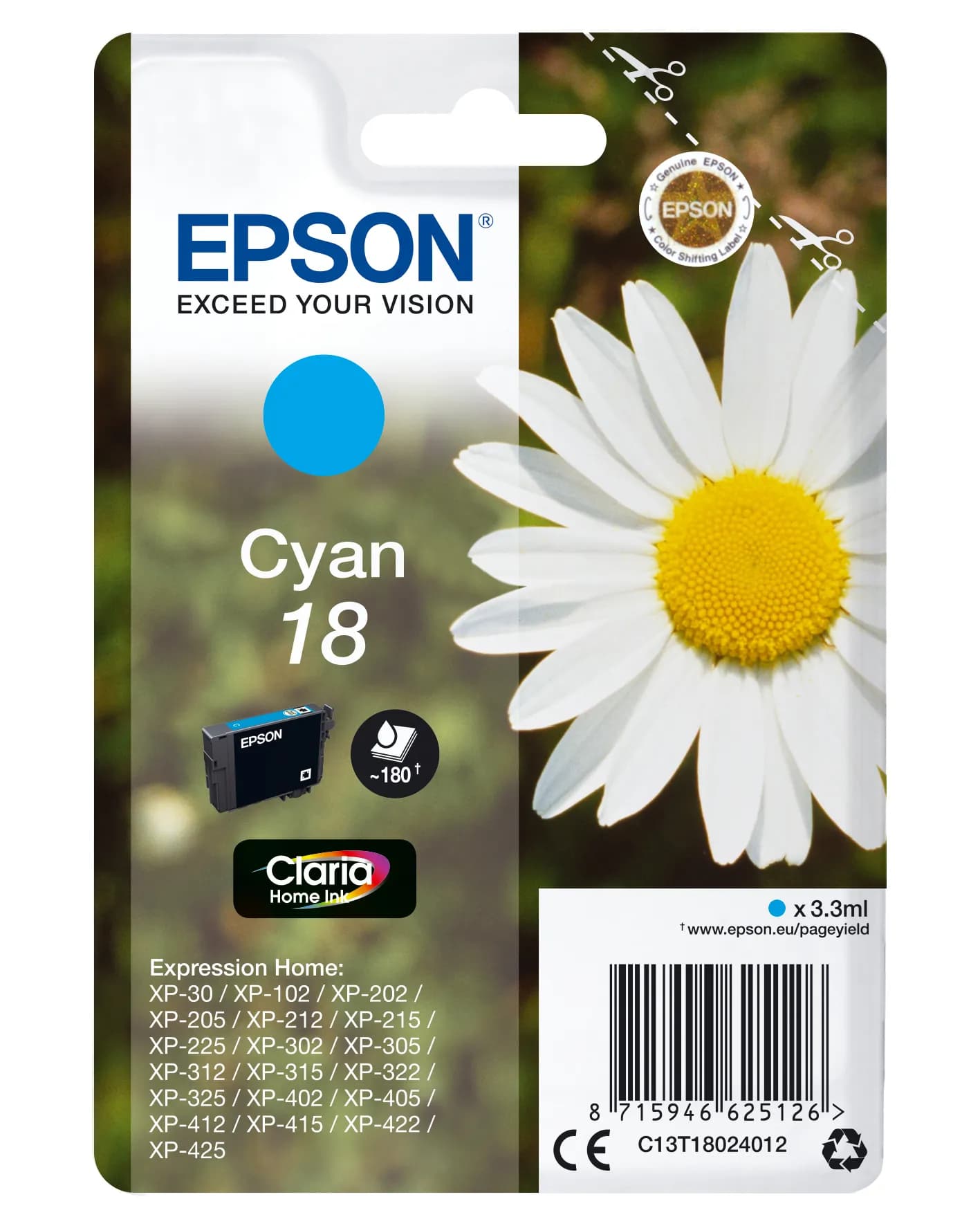 Epson T1802 -mustekasetti, 3.3 ml, syaani