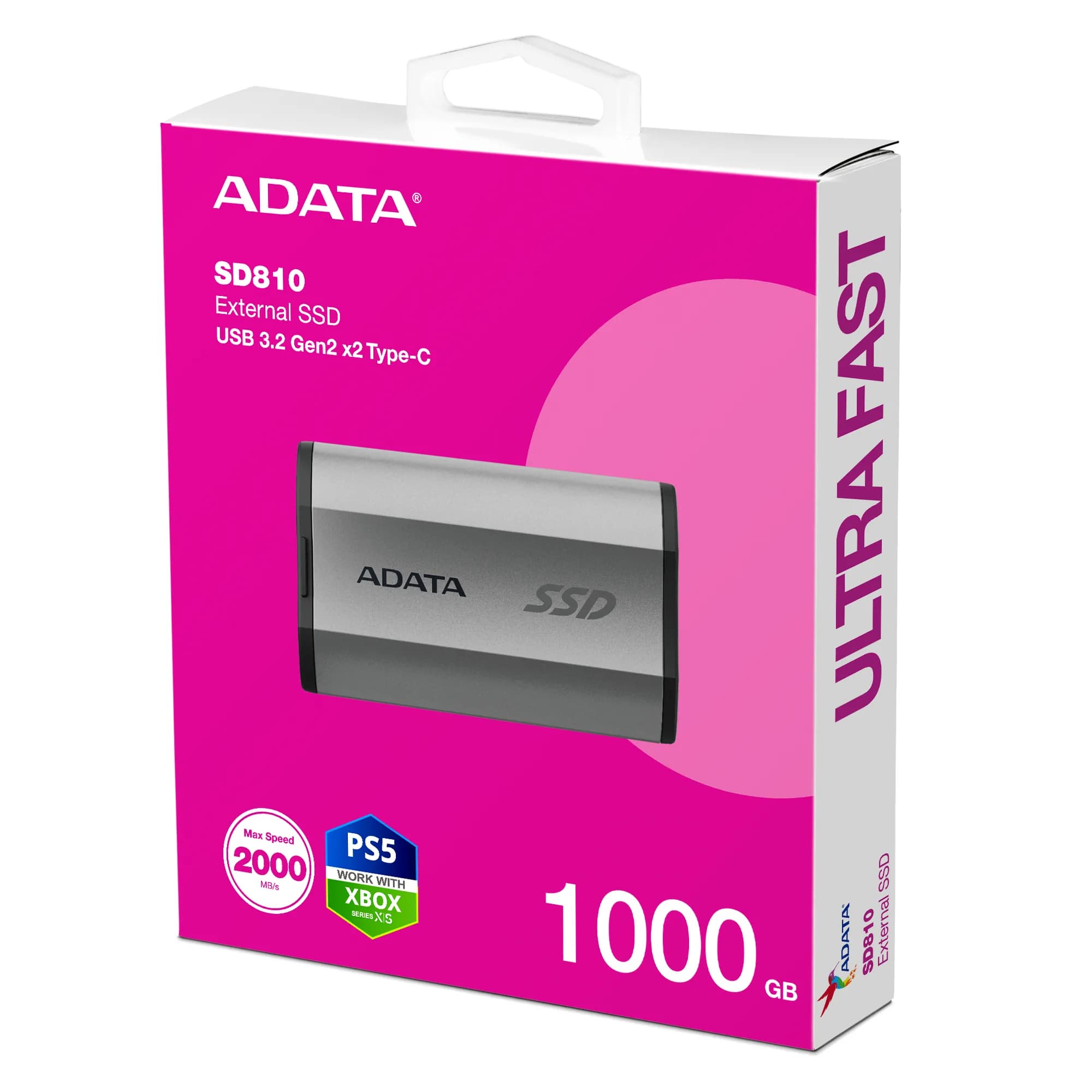 A-DATA SD810 1 Tt USB 3.2 Gen 2x2 (USB-C) -ulkoinen SSD, iskunkestävä, pelikäyttöön, Silver-Grey