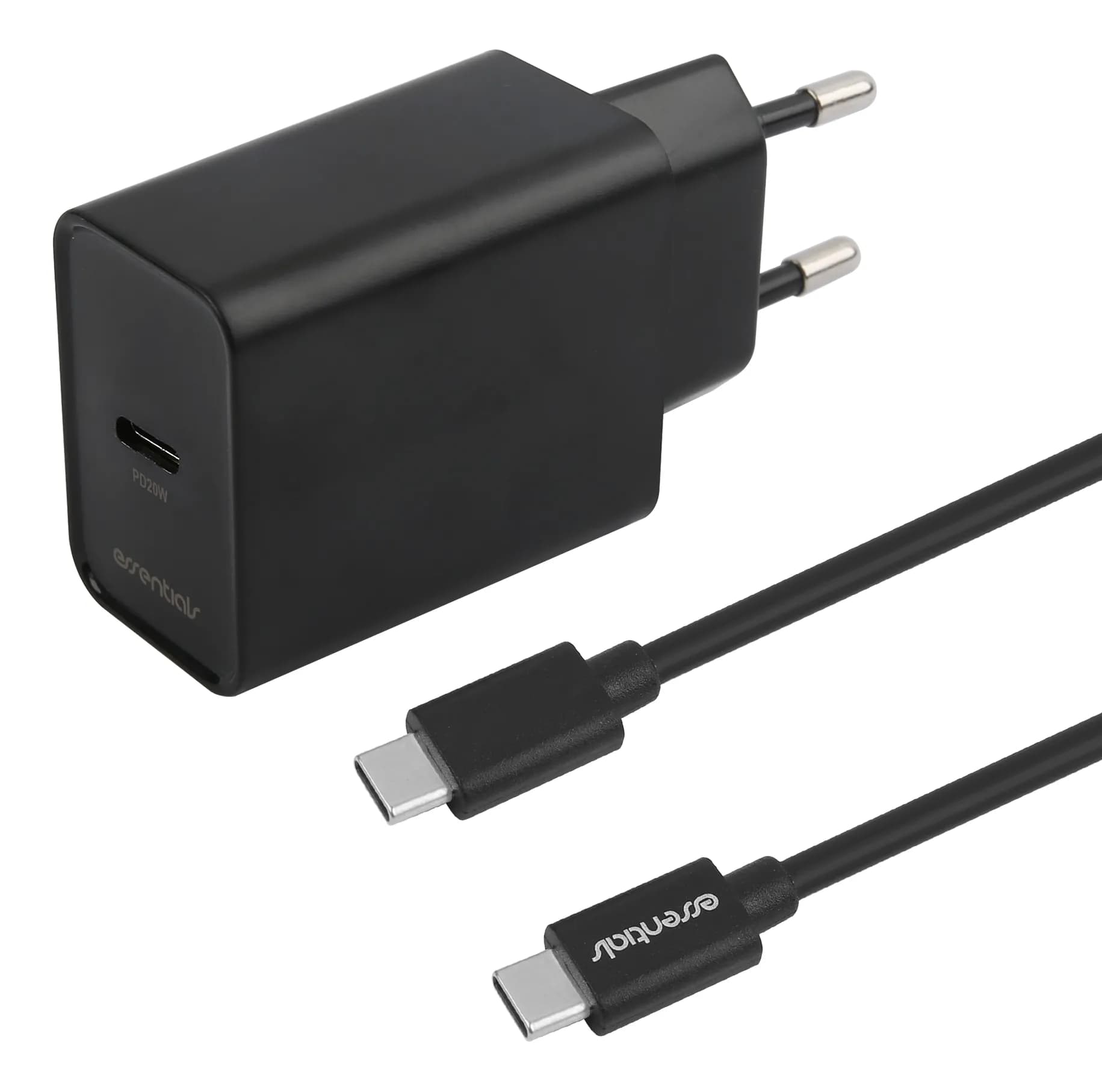 Essentials USB-C PD 20W USB-C -laturi, 1m USB-C kaapeli, Musta