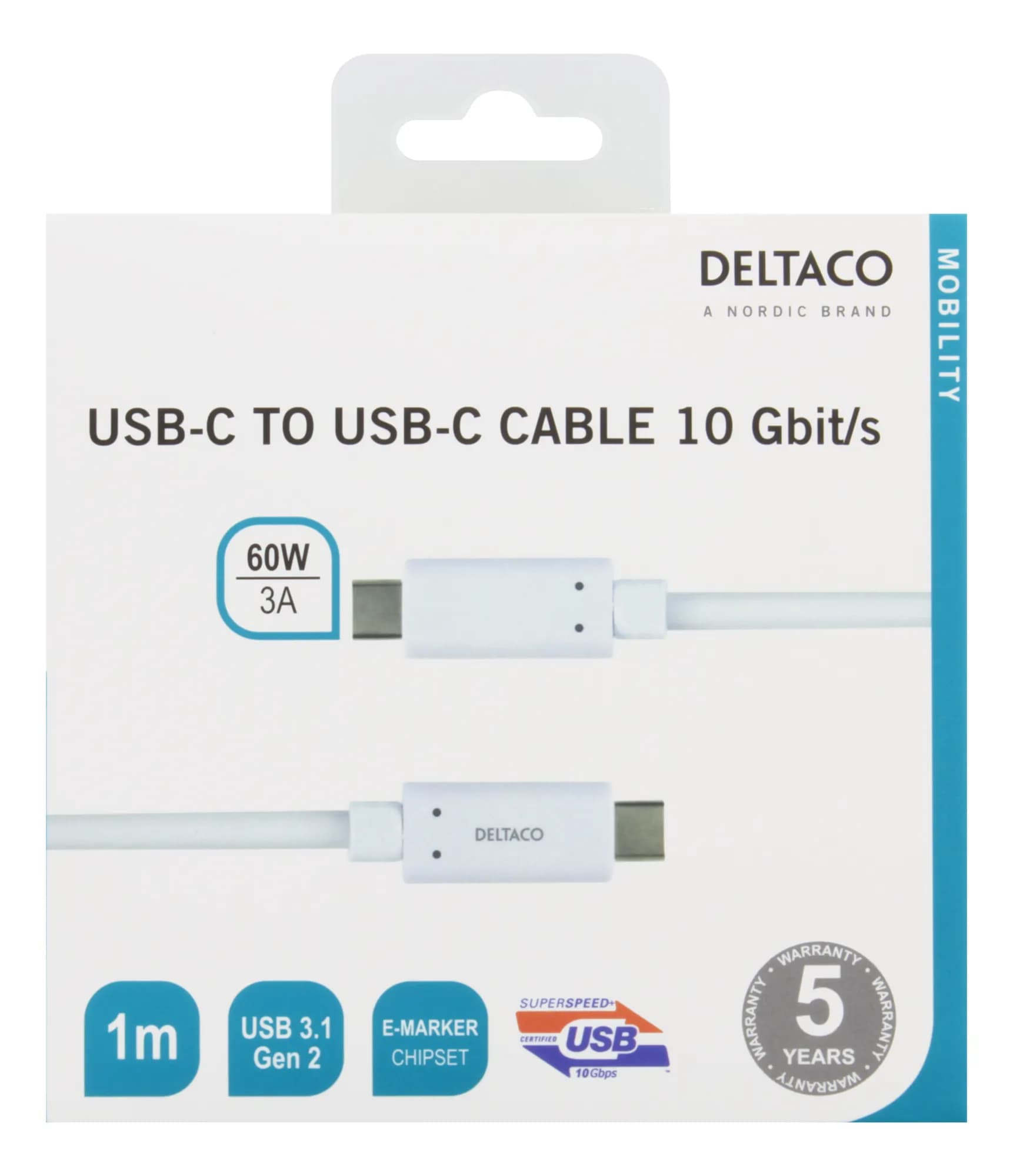 Deltaco USBC-1127M USB-C -kaapeli, 60 W, 1 m, valkoinen