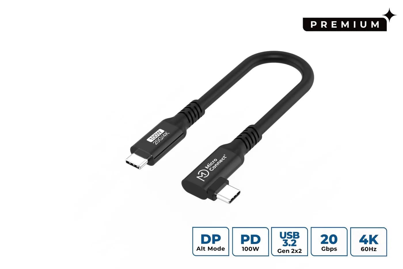 MicroConnect Premium USB 3.2 Gen 2x2 USB-C -kaapeli, 100 W, 0,15 m, musta
