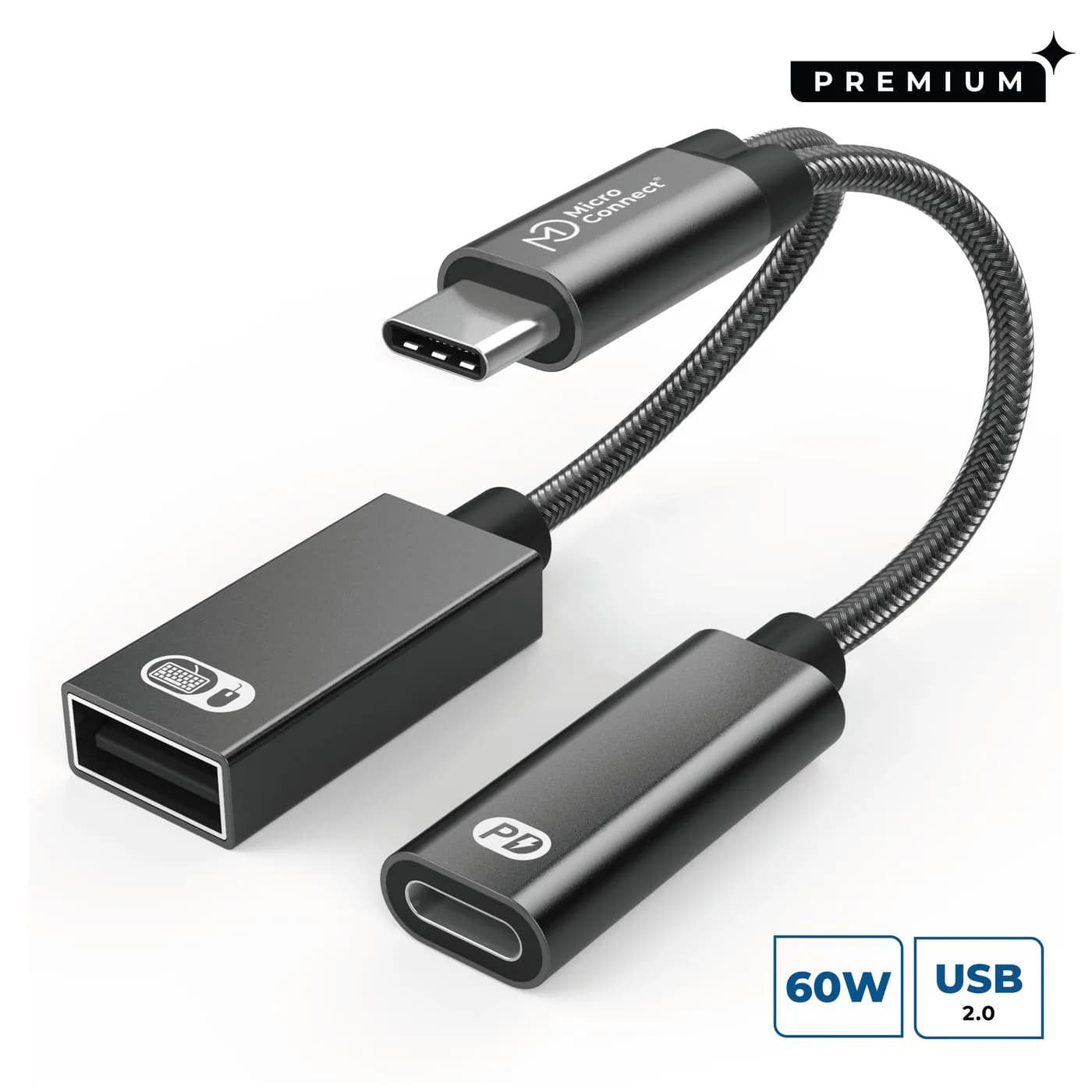 MICROCONNECT USB-C to USB-C PD and USB-A 2.0 Female -adapteri, Hopea