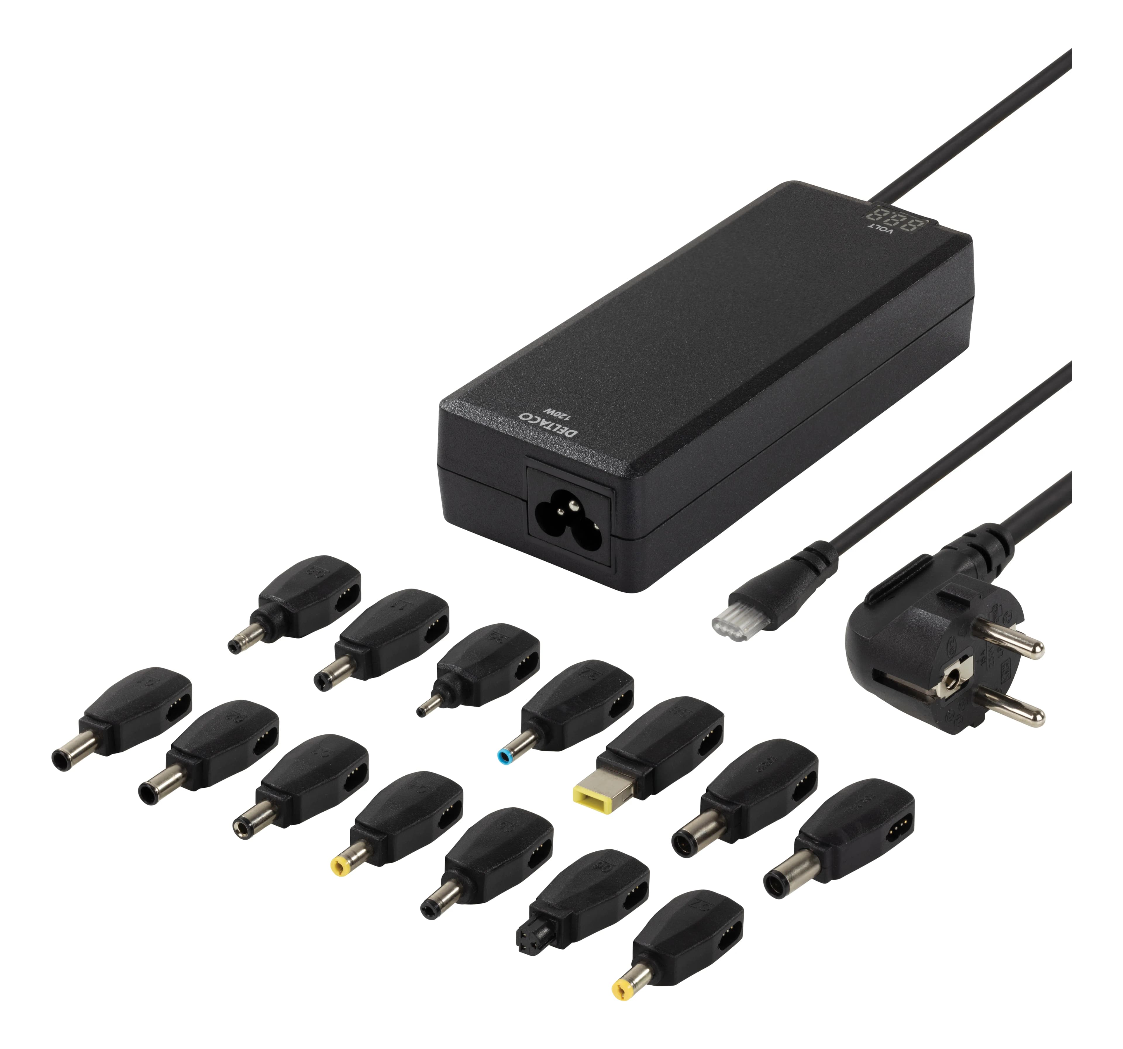 DELTACO kannettavan laturi, 15-20V 8A 120W LED-näyttö, musta