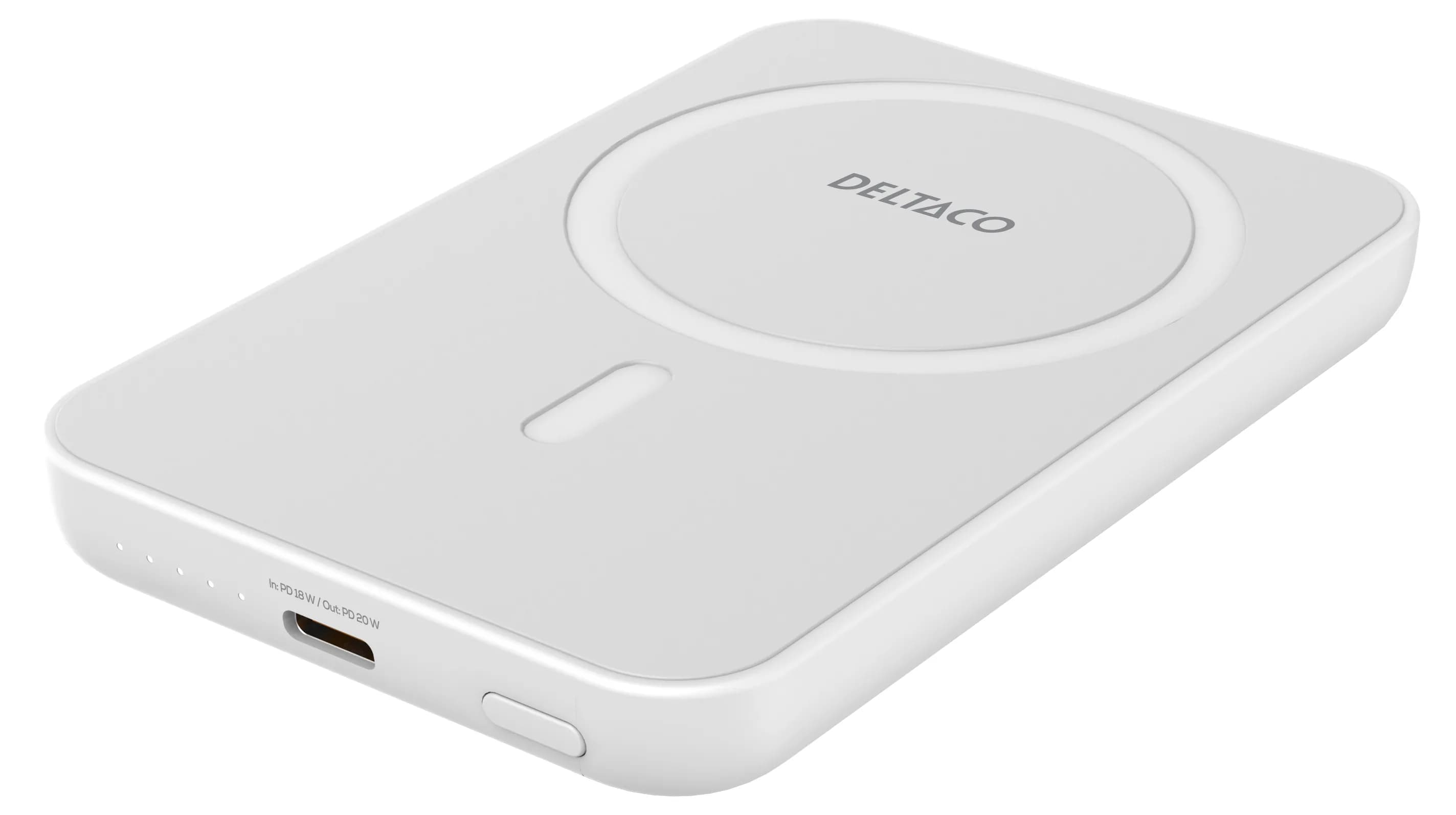 Deltaco 5000 mAh, wireless charging, PD 20W, magnet -varavirtalähde, Valkoinen