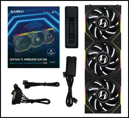 LIAN LI UNI FAN TL Wireless LCD 120, 120 mm, PWM, nestelaakeri, ARGB -tuuletinsarja, 3 kpl, musta