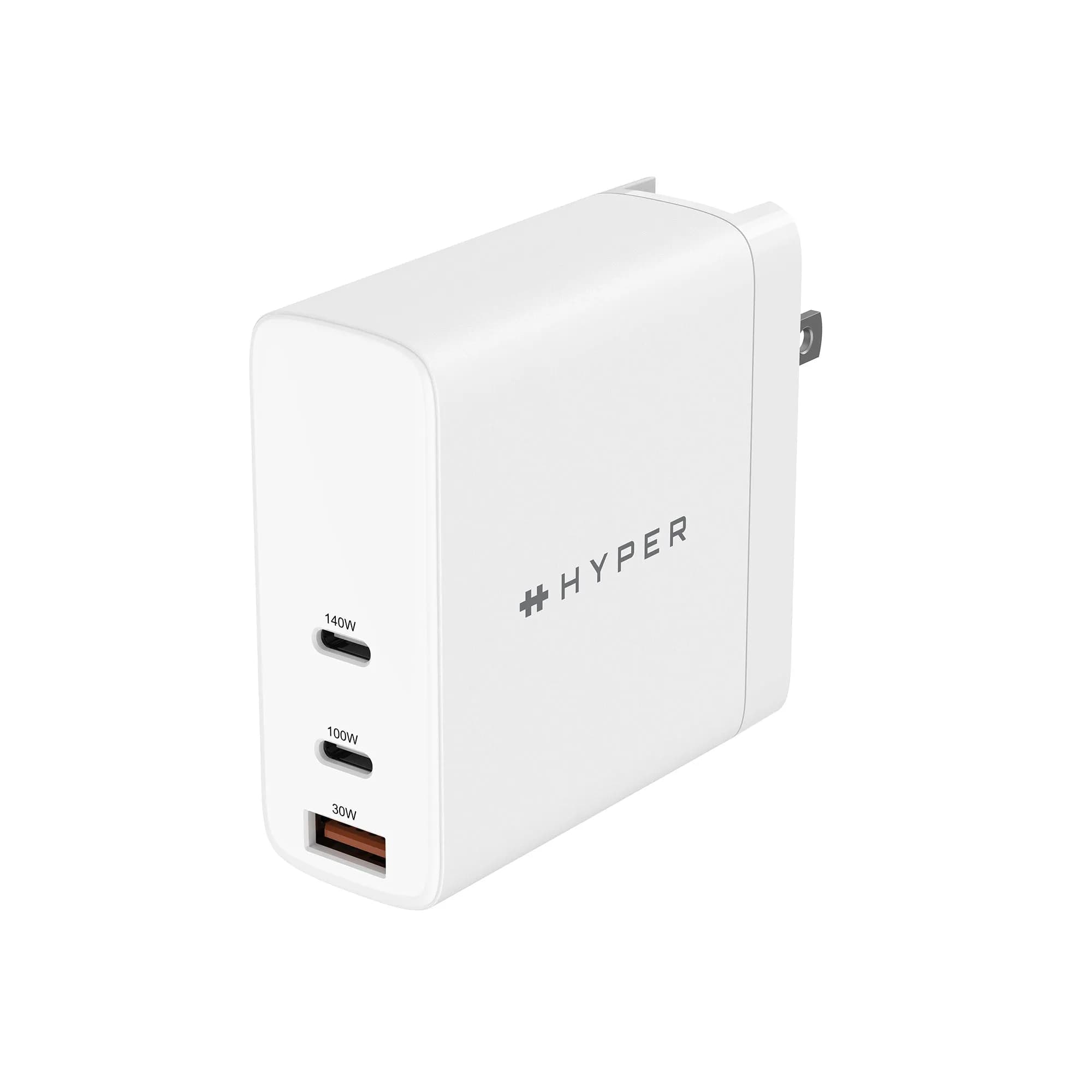 HyperJuice - Verkkosovitin - GaN-tekniikka - 140 watti(a) - QC 3.0, Power Delivery 3.1 - 3 lähtöliittimet (USB, 2 USB-C:tä) - valkoinen