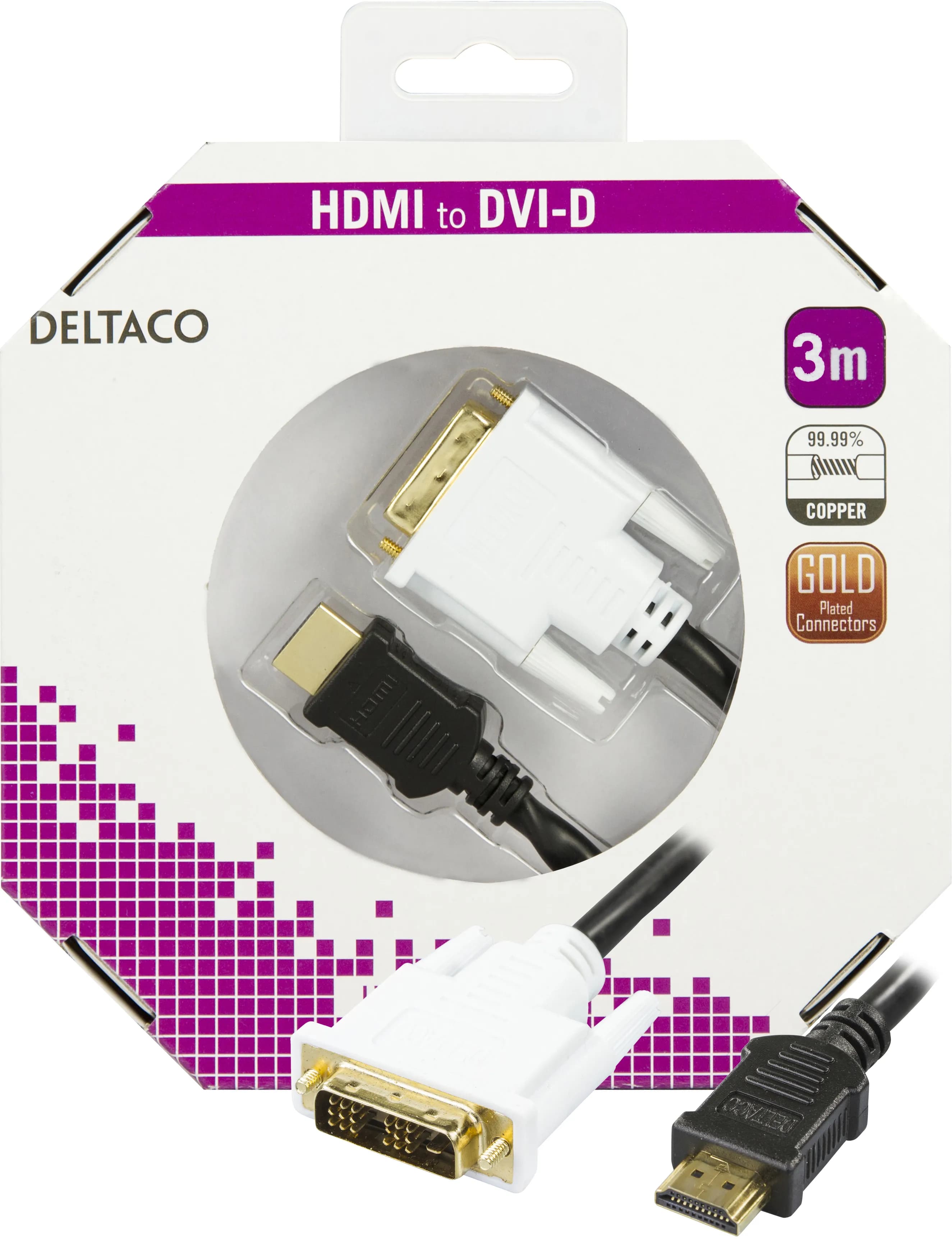 Deltaco HDMI – DVI-D -kaapeli, 3 m, musta/valkoinen