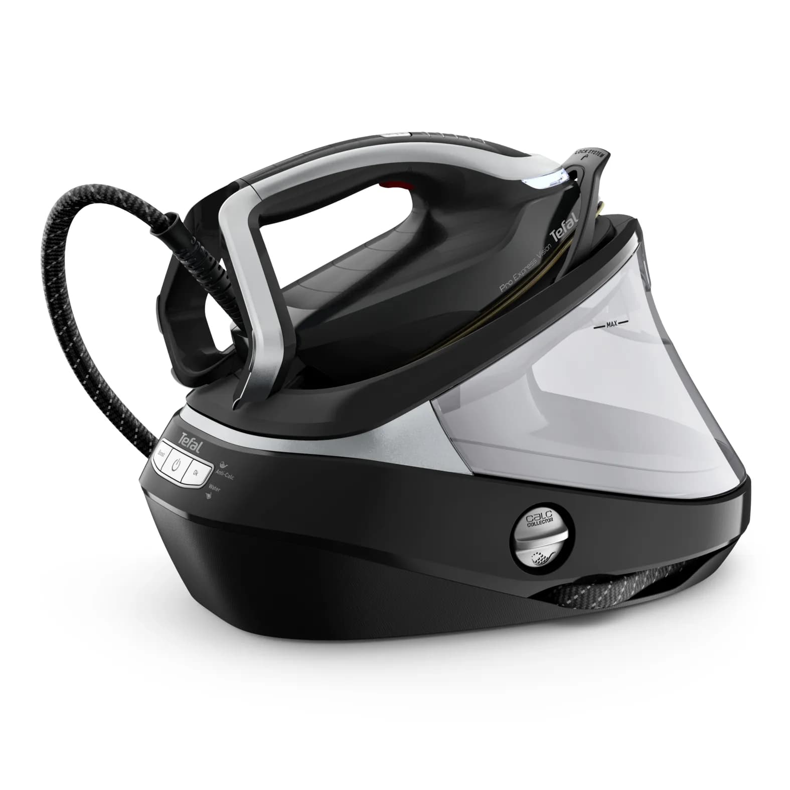 Tefal Pro Express Vision GV9821 -höyrysilityskeskus, 3000 W, 9 bar, 1,2 l, musta/hopea