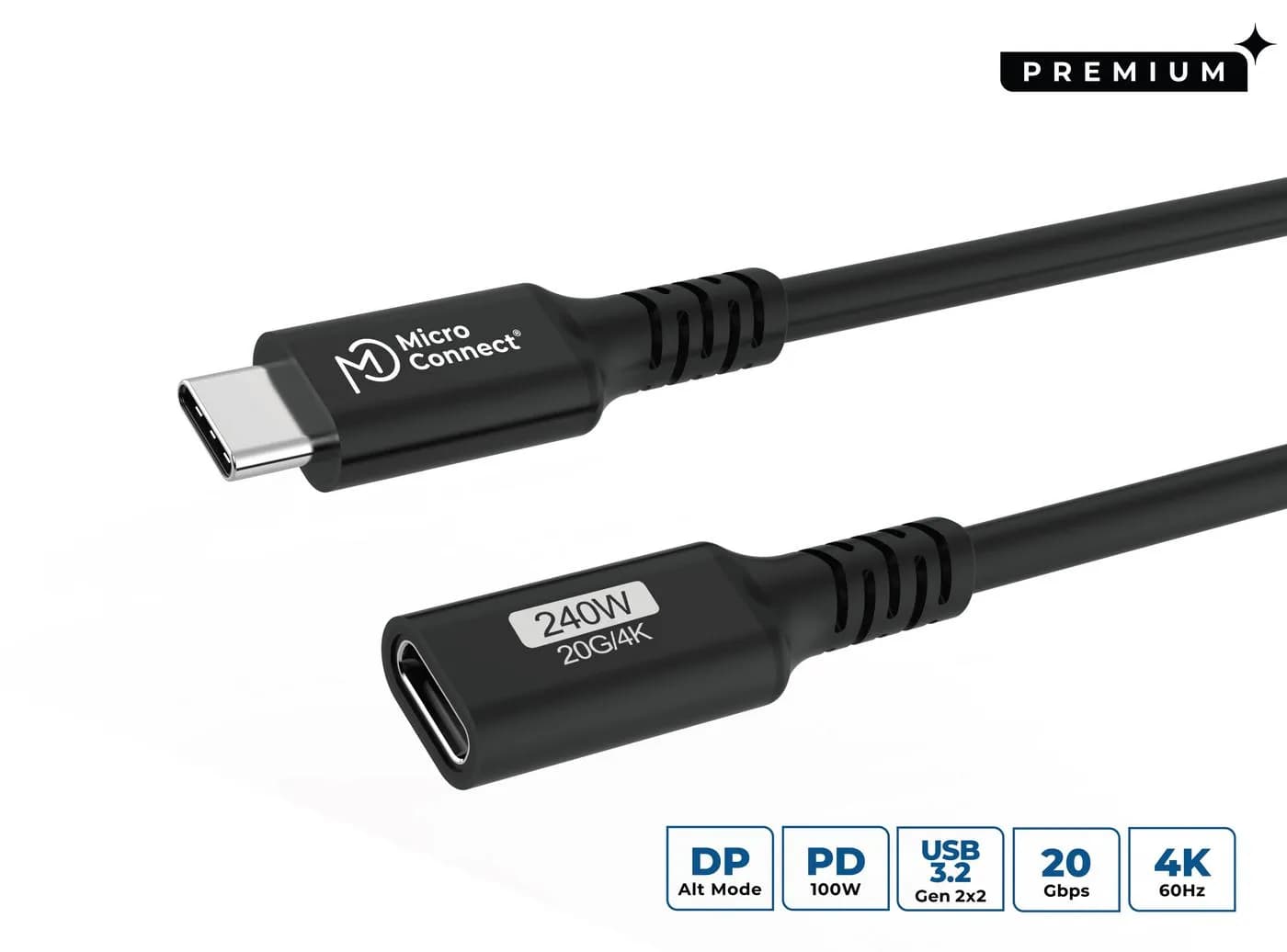 MicroConnect Premium USB-C -jatkokaapeli, 100 W, 0,5 m, musta