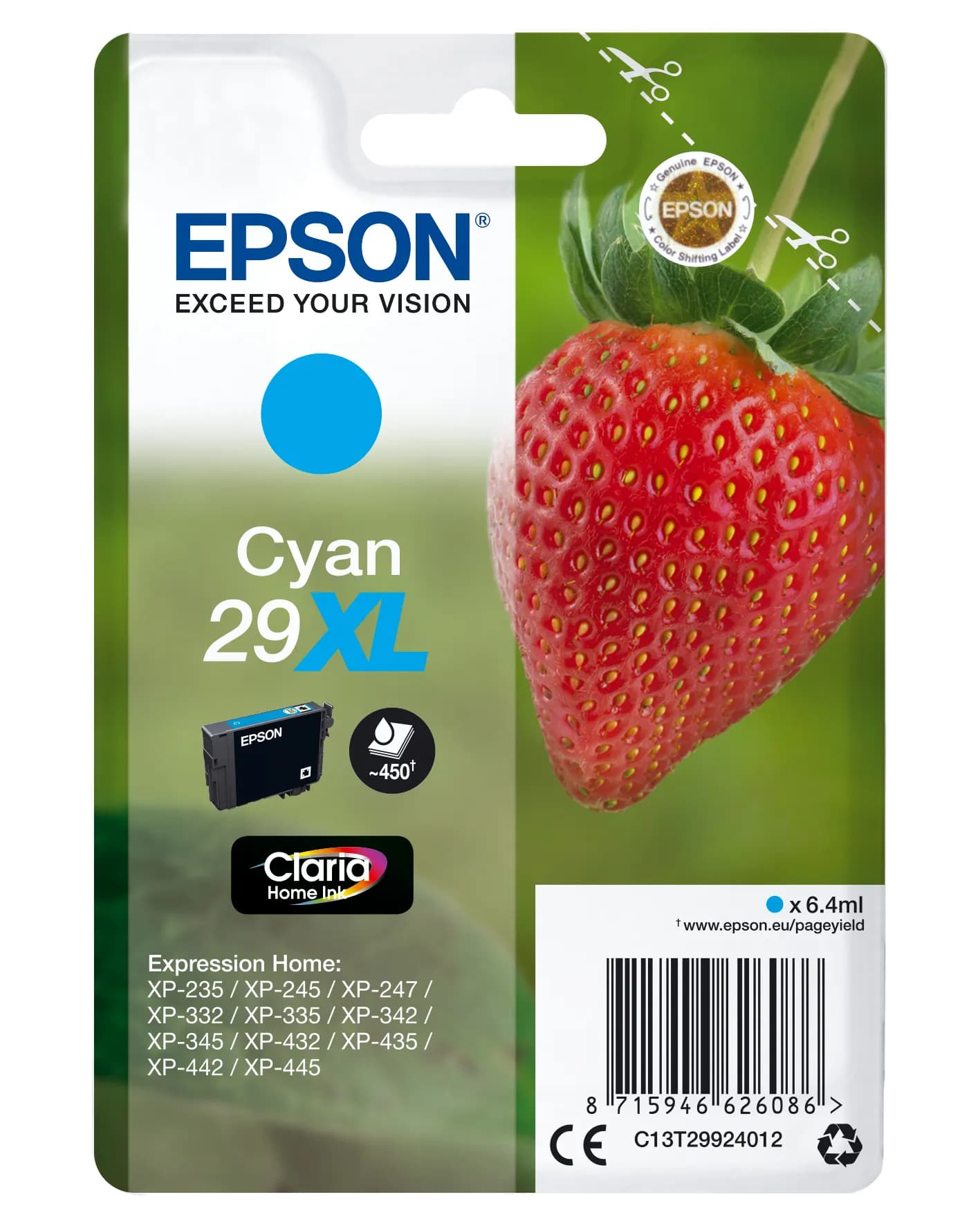 EPSON 29XL C13T29924012 -mustekasetti, 6.4 ml, syaani