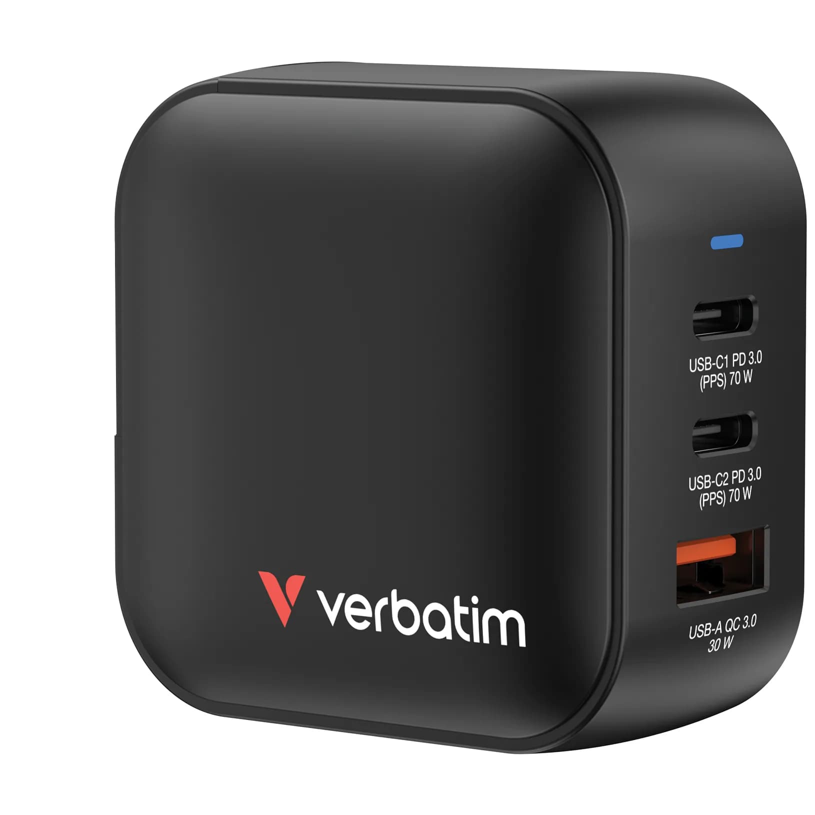Verbatim Mini GaN Charger 70W 3 Port US plug -laturi, EU/UK adapterilla