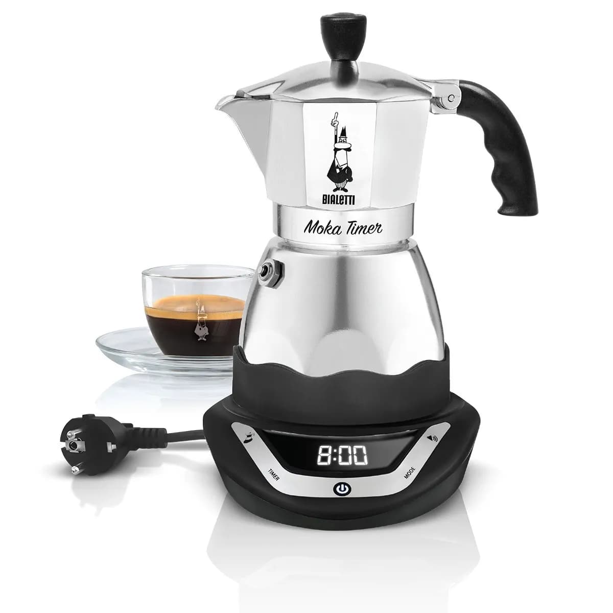 Bialetti Moka Timer -mutteripannu, 3 kuppia, alumiini, musta/hopea