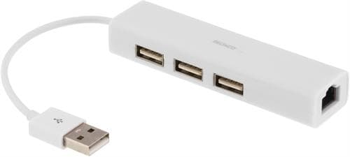 DELTACO USB 2.0 verkkoadapteri USB-hubilla, 10/100Mbps, 3xUSB