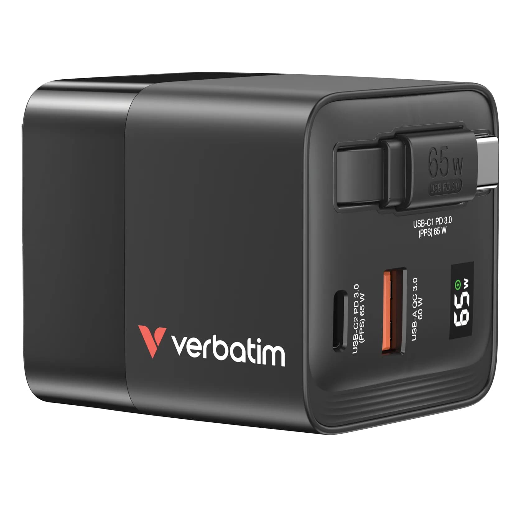 Verbatim GaN 65W 2 Port retract cable US plug EU/UK adaptors - USB-laturi