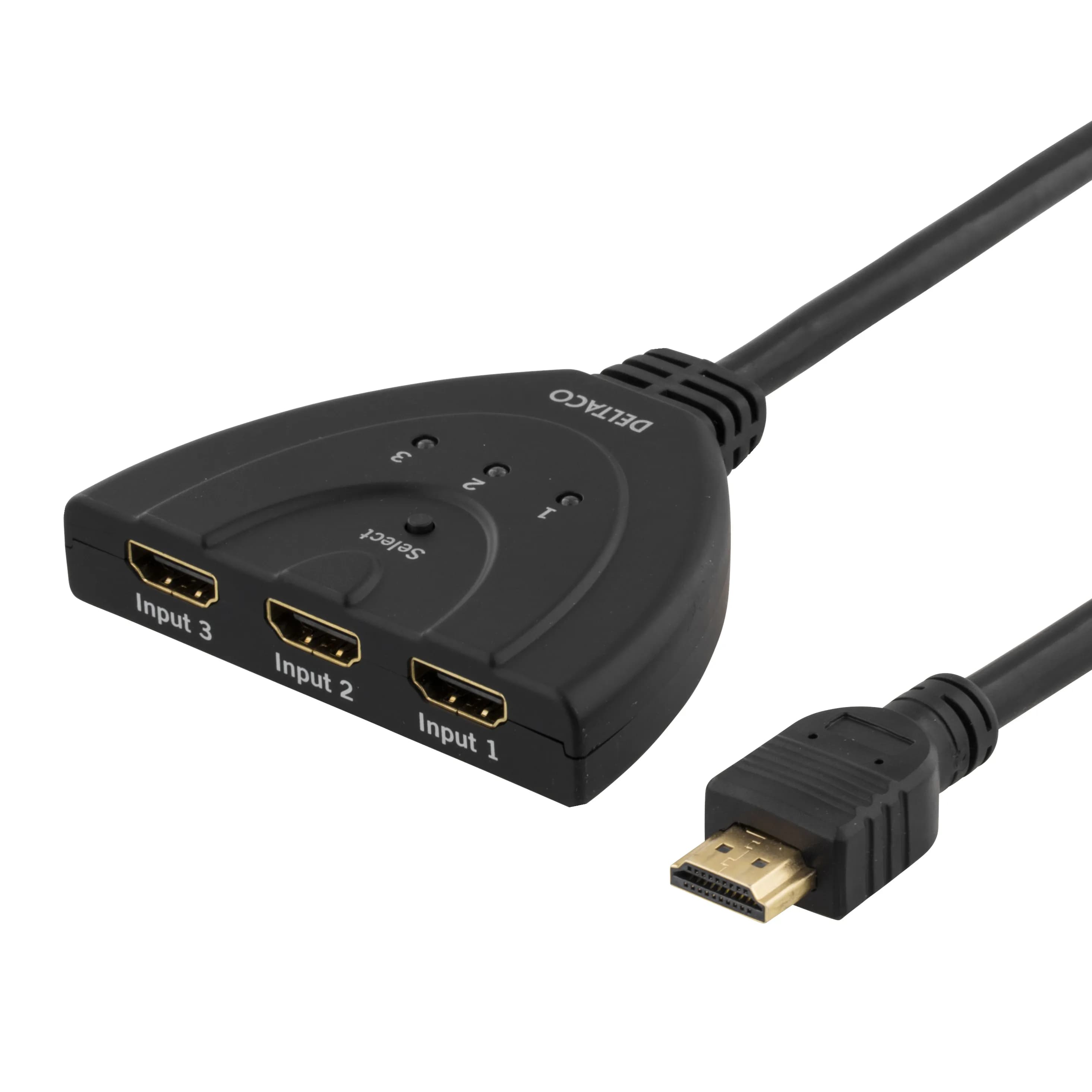 DELTACO HDMI Pigtail kytkin, auto/manual HDMI-kytkin, 3-1, musta
