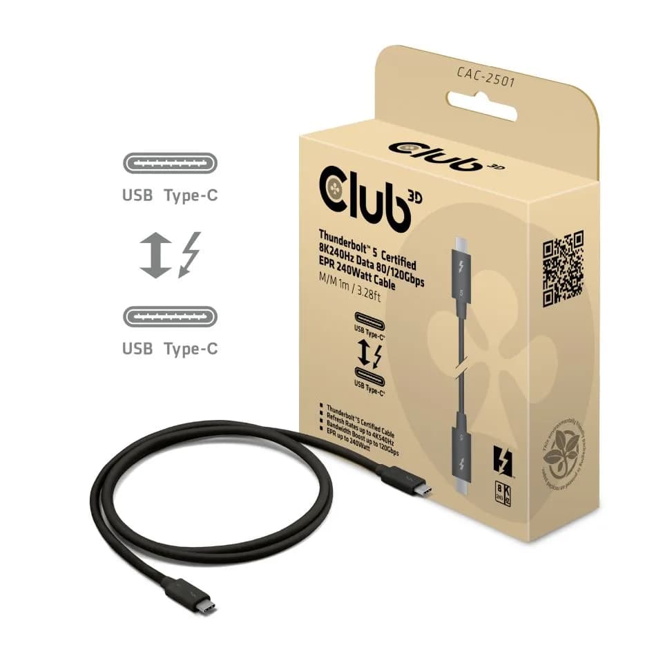 Club 3D Thunderbolt 5 -kaapeli, jossa 8K, 240 Hz, 1 m, musta