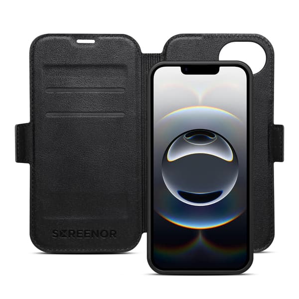 Screenor First 2-in-1 MagSafe -lompakkokotelo, iPhone 16e, Musta