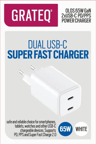 Grateq Olos PD/PPS 2 X USB-C GaN 65W -verkkovirtalaturi, Valkoinen
