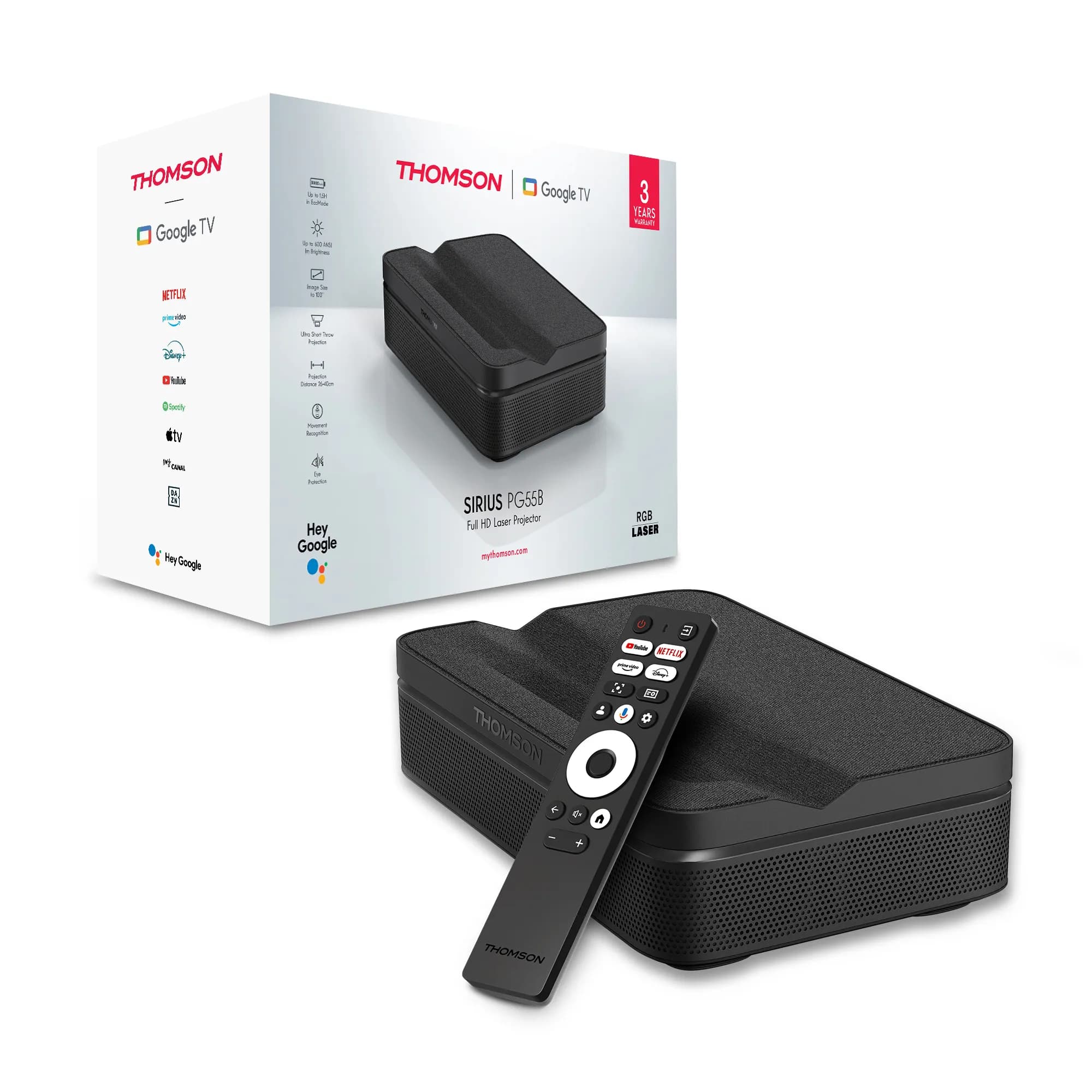 Thomson Sirius PG55B Ultra-Short Throw Google TV Full HD 600 ANSI lm -laserprojektori, musta