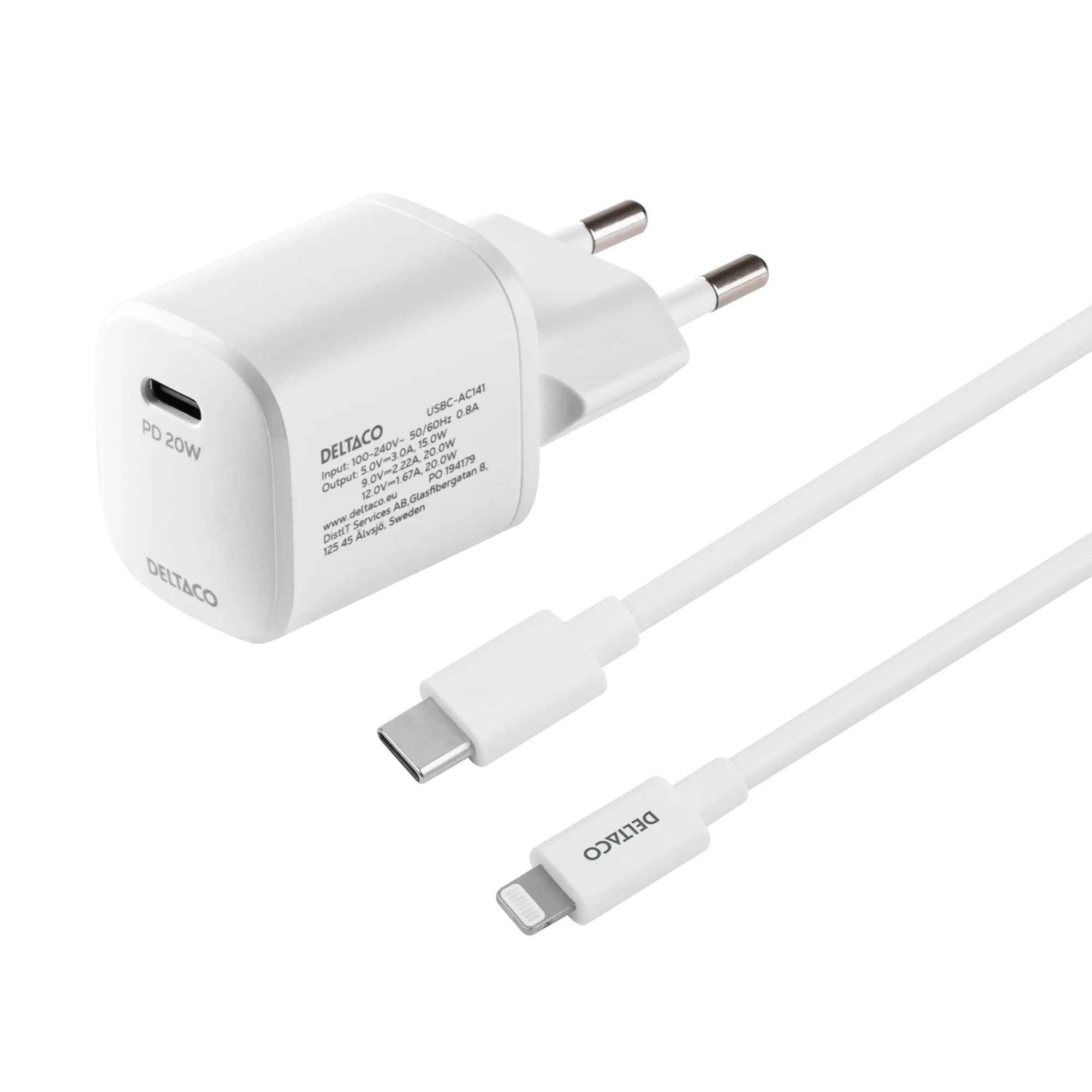 Deltaco PD 20W USB-C -laturi Lighting kaapelilla, Valkoinen, 1m