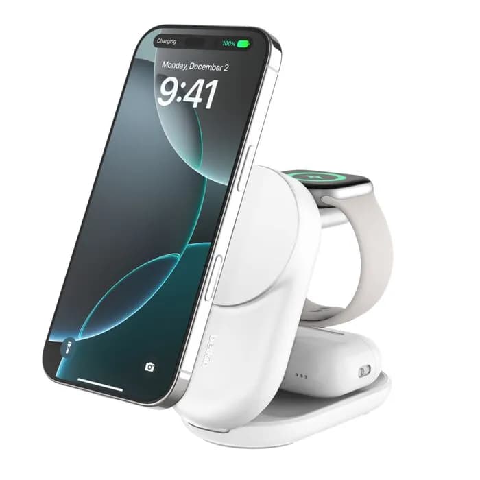 Belkin UltraCharge 3-in-1 Foldable Magnetic 25W Qi2 -langaton laturi, Valkoinen