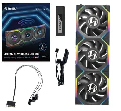 Lian Li UNI FAN SL Wireless LCD, 120 mm, PWM, nestelaakeri, ARGB -tuuletinsarja, 3 kpl, musta