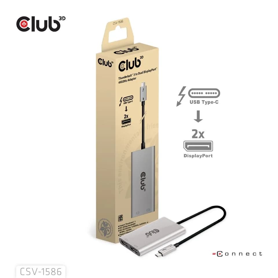 Club 3D Thunderbolt 3 - 2x DisplayPort 4K60Hz -sovitin, Harmaa