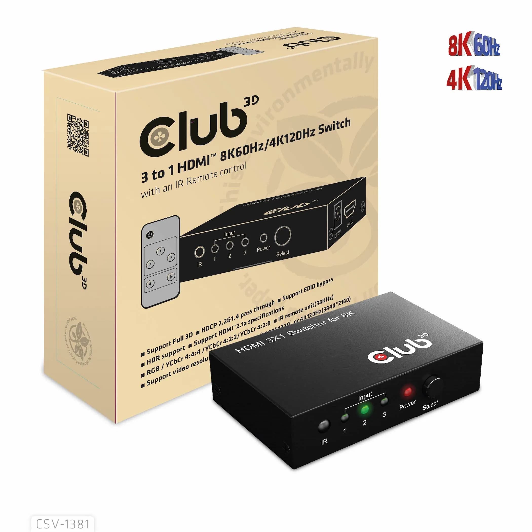 Club 3D 3 - 1 HDMI 8K60Hz/4K120Hz -kytkin, Musta
