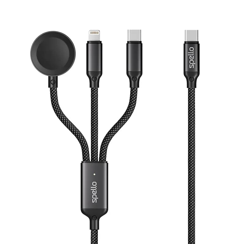 Spello 3-in-1 USB-C -kaapeli, 100 W, 1,2 m, musta