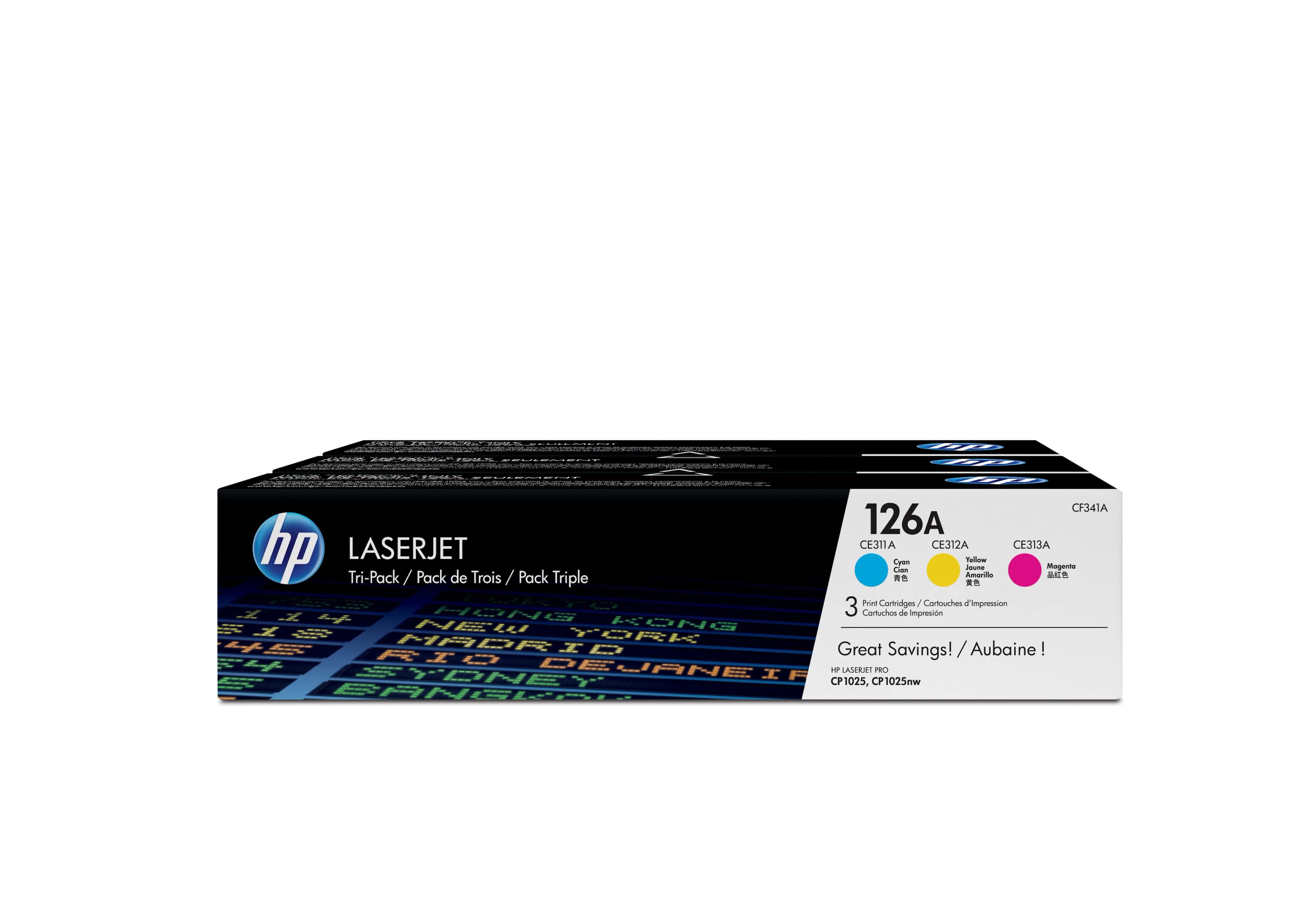 HP 126A-laservärikasettipakkaus, syaani, magenta, keltainen, 3 kpl