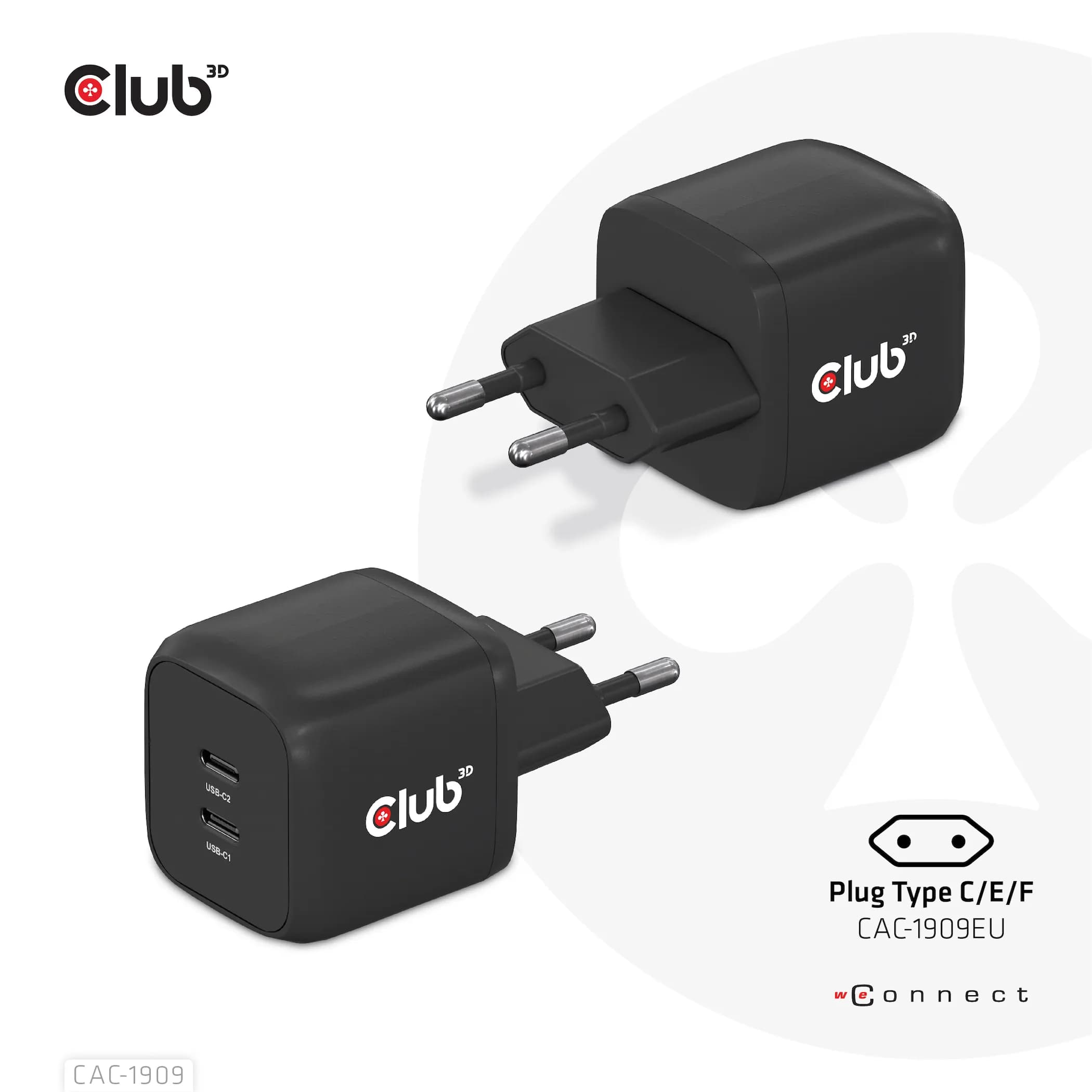 Club 3D 45W GaN, 2x USB-C PD3.0 -laturi, Musta