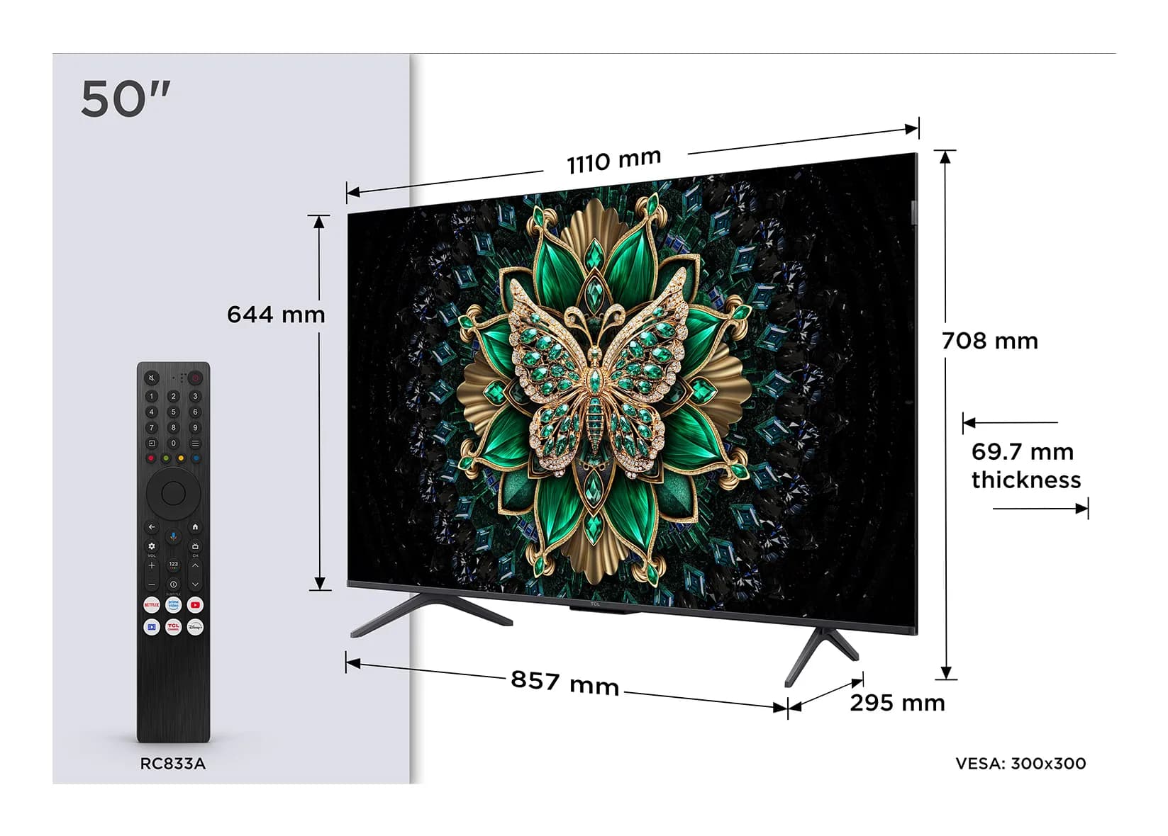 TCL 50C69K 50" 4K QD-Mini LED Google TV, 144 Hz, HDR10+, brushed metal