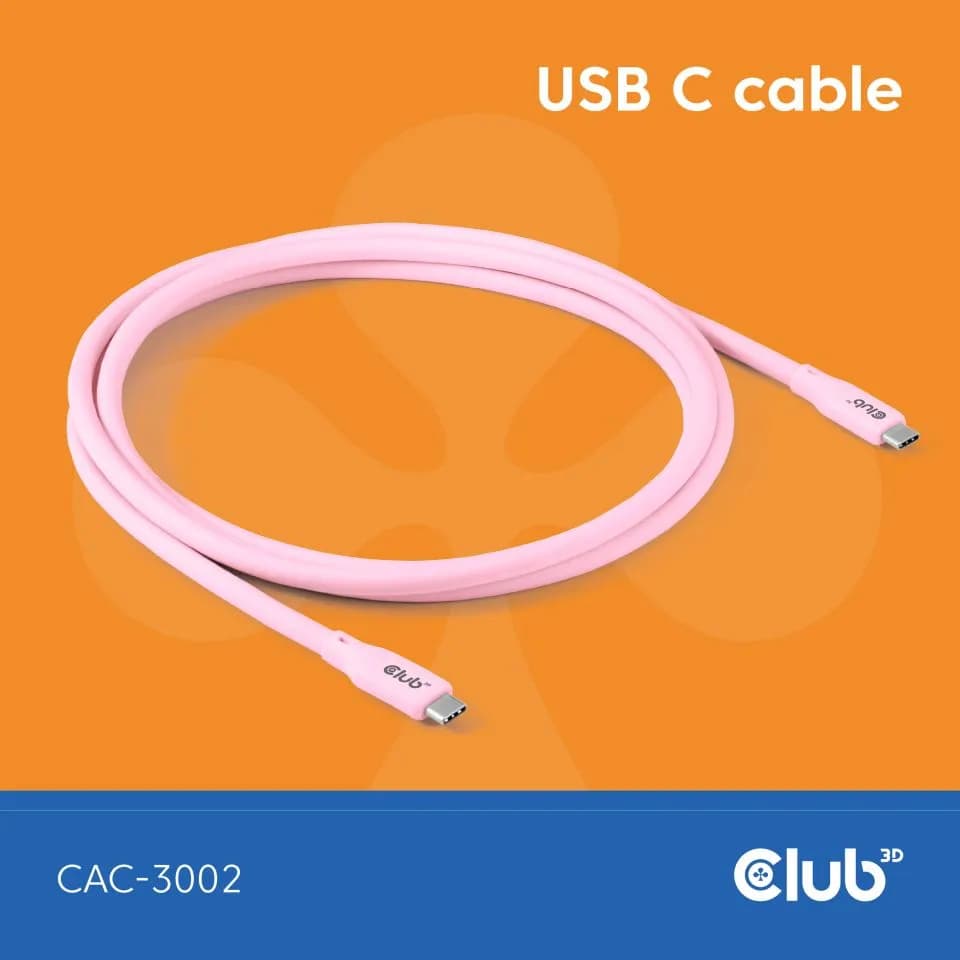 Club 3D USB4 Gen 3x2 USB-C -kaapeli, 240 W, 2 m, vaaleanpunainen