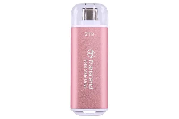 Transcend ESD300P 2 Tt USB-C -ulkoinen SSD, kannettava, laitteistosalaus, salasanasuojaus, pelikäyttöön, vaaleanpunainen