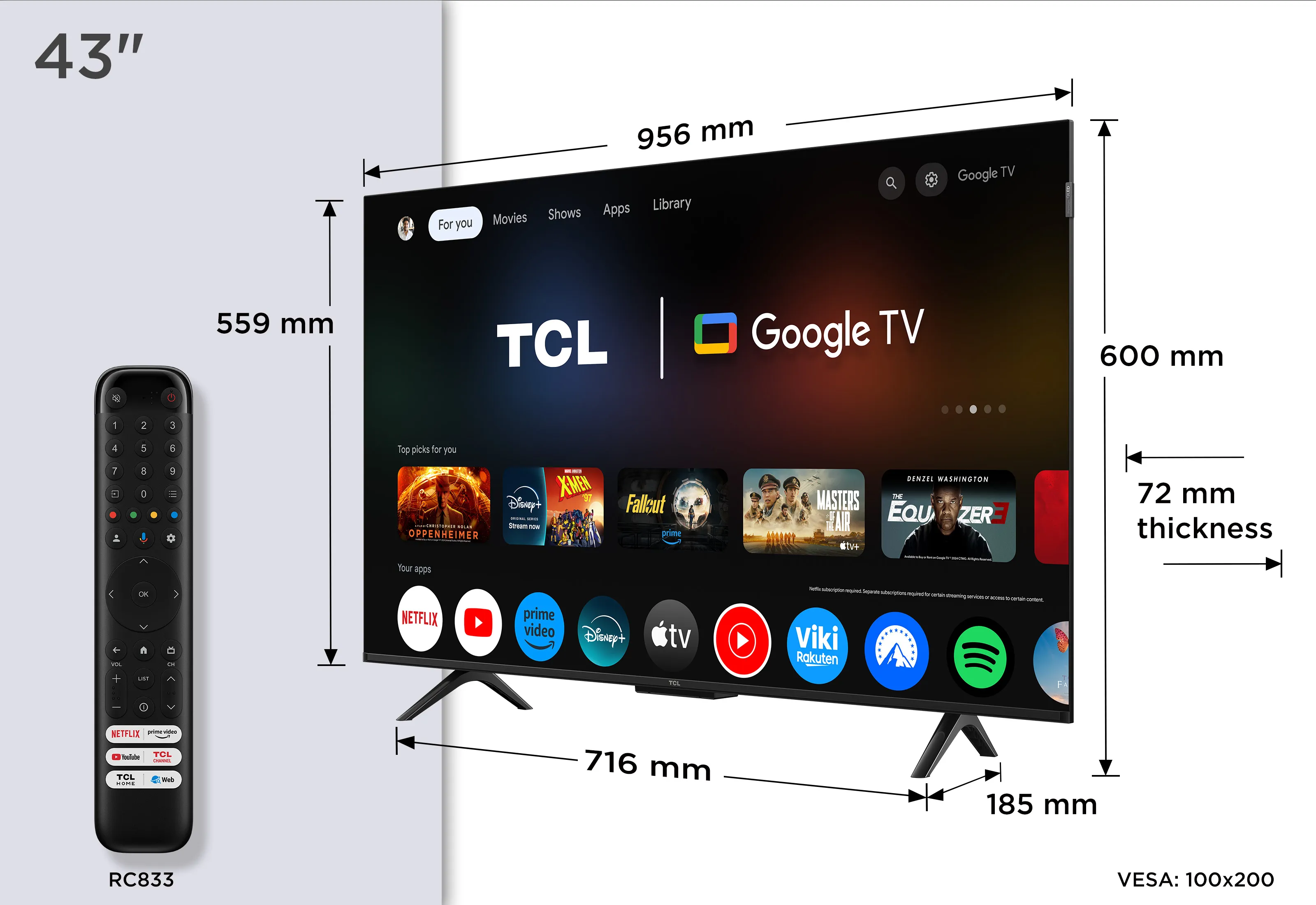 TCL 43P7K 43" 4K QLED Google TV, 60 Hz, Dolby Vision, HDR10+, metallic
