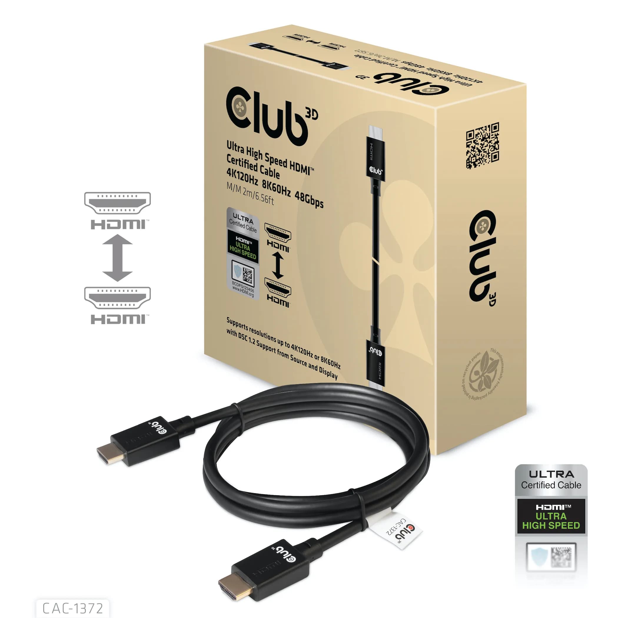 Club 3D CAC-1372 HDMI 2.1 Ultra High Speed -kaapeli, jossa Ethernet, 8K, 2 m, musta