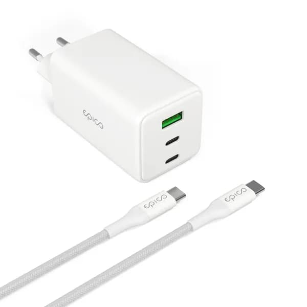 Epico UltraBoost GaN 100W Wall Charger EA100 with 1.2m USB-C to USB-C Cable | White | 2 × USB-C PD  &  1 × USB-A
